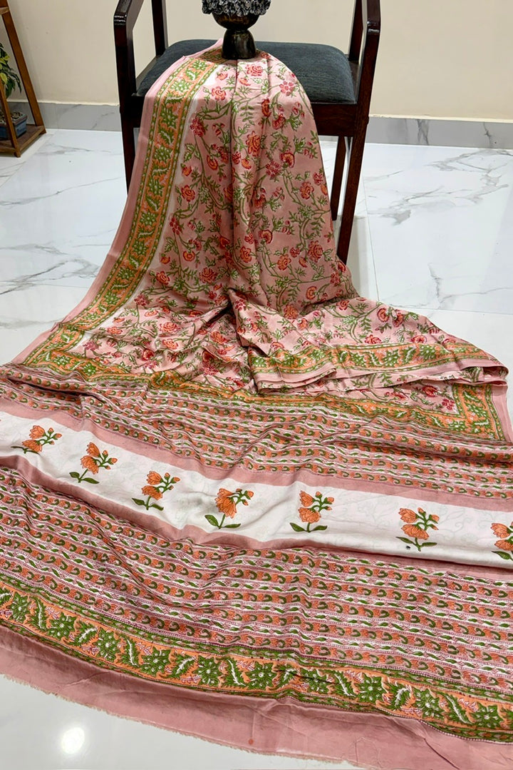 Pure Modal Silk Saree with Handblock Floral Prints and Contrast Border