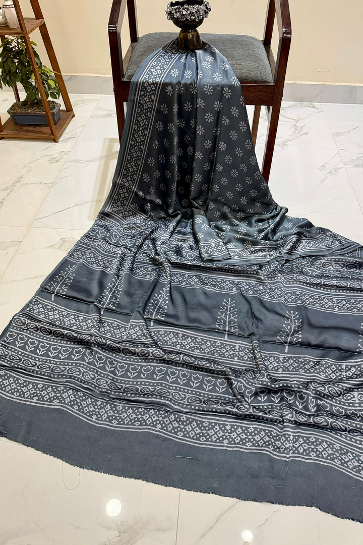 Geometric Handblock Printed Pure Modal Silk Saree in Steel Grey