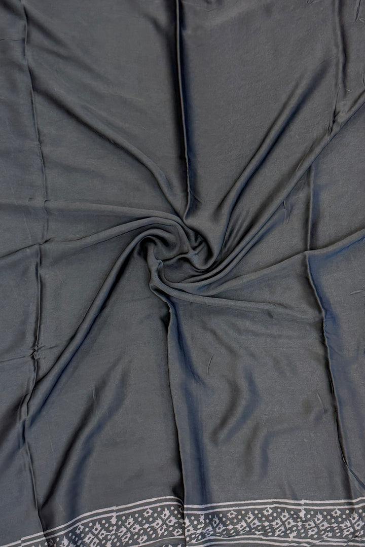 Geometric Handblock Printed Pure Modal Silk Saree in Steel Grey