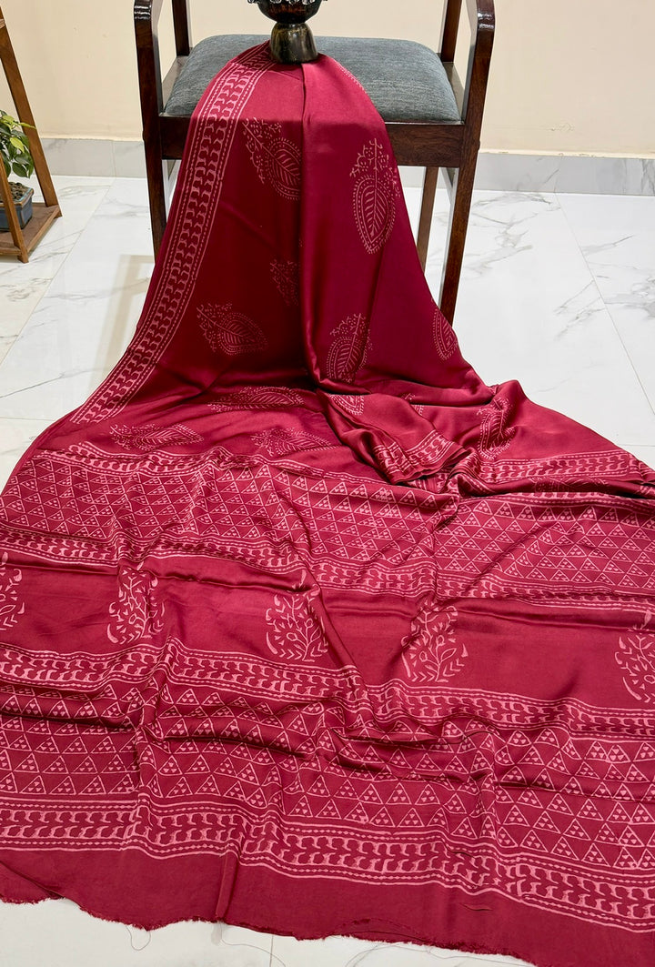 Deep Wine Pure Modal Silk Saree with Traditional Buti Prints and Border Work
