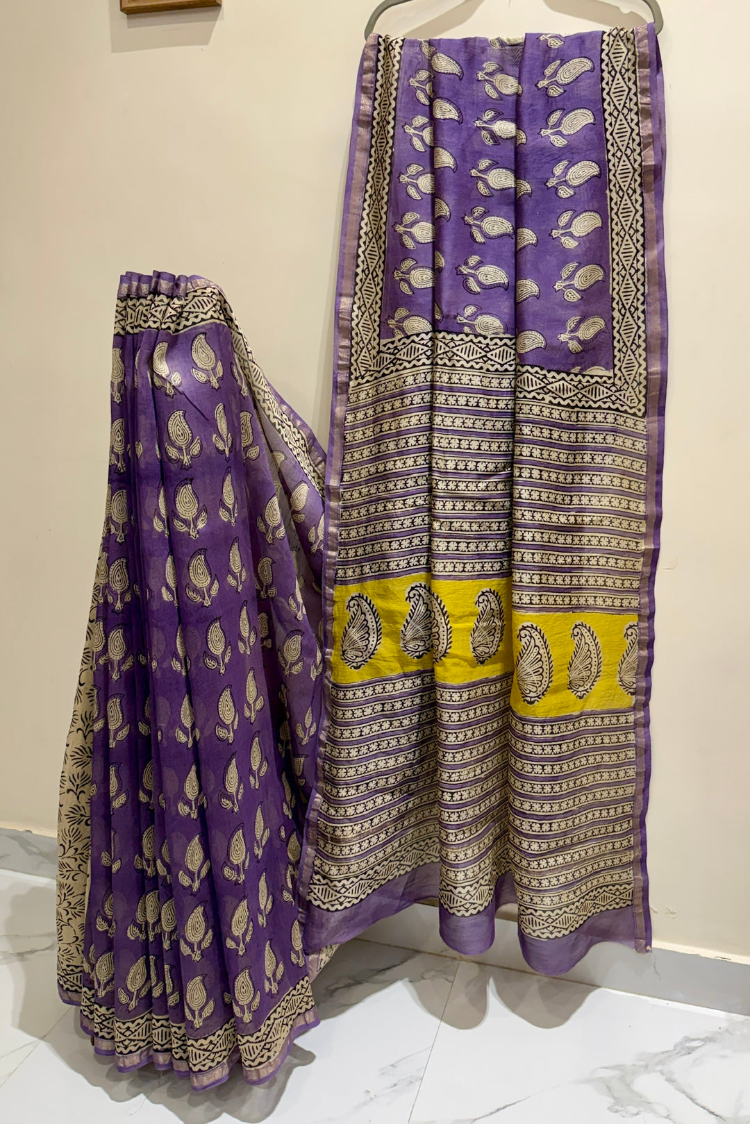 Royal Orchid Purple Chanderi Silk Saree with Contrast Yellow Ajrakh Pallu
