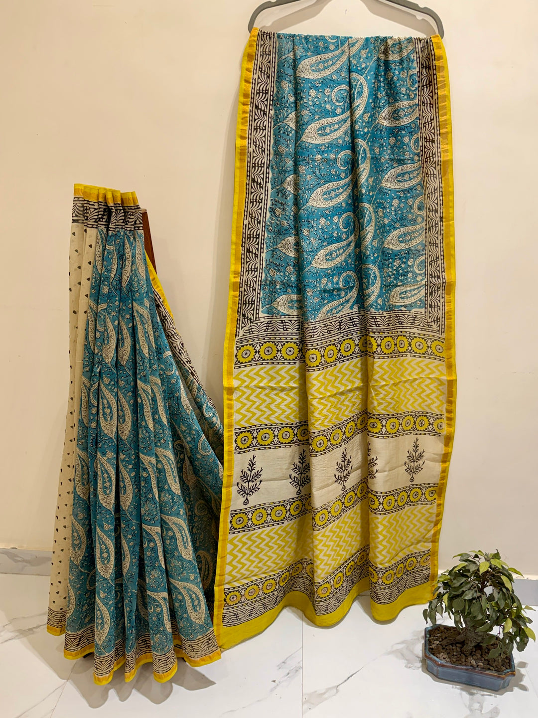 Turquoise Blue and Mustard Yellow Chanderi Silk Ajrakh Handblock Printed Saree with Paisley Motif Pallu