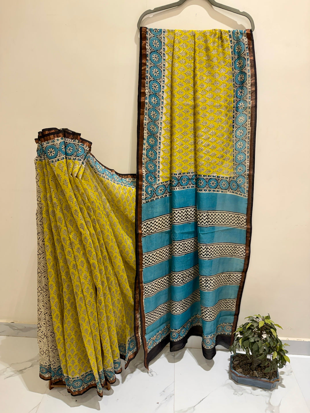 Mustard Yellow and Sky Blue Chanderi Silk Ajrakh Handblock Printed Saree with Zig-Zag Pattern Pallu