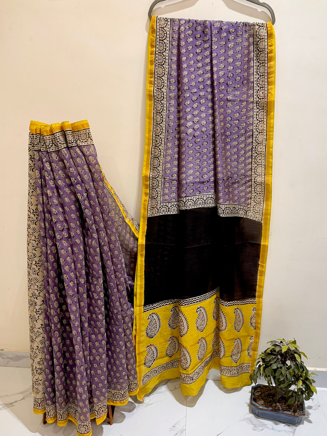Lilac Purple and Black Chanderi Silk Ajrakh Handblock Printed Saree with Traditional Mustard Yellow Border