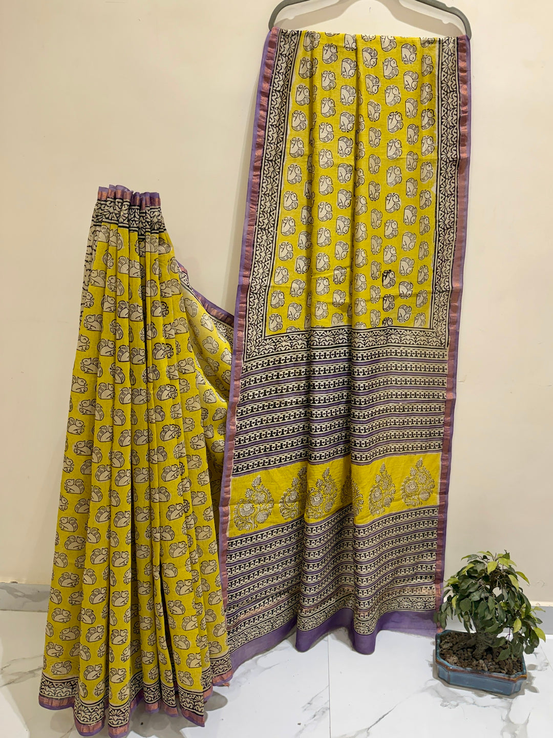 Lemon Yellow and Lavender Chanderi Silk Ajrakh Handblock Printed Saree with Traditional Booti Design