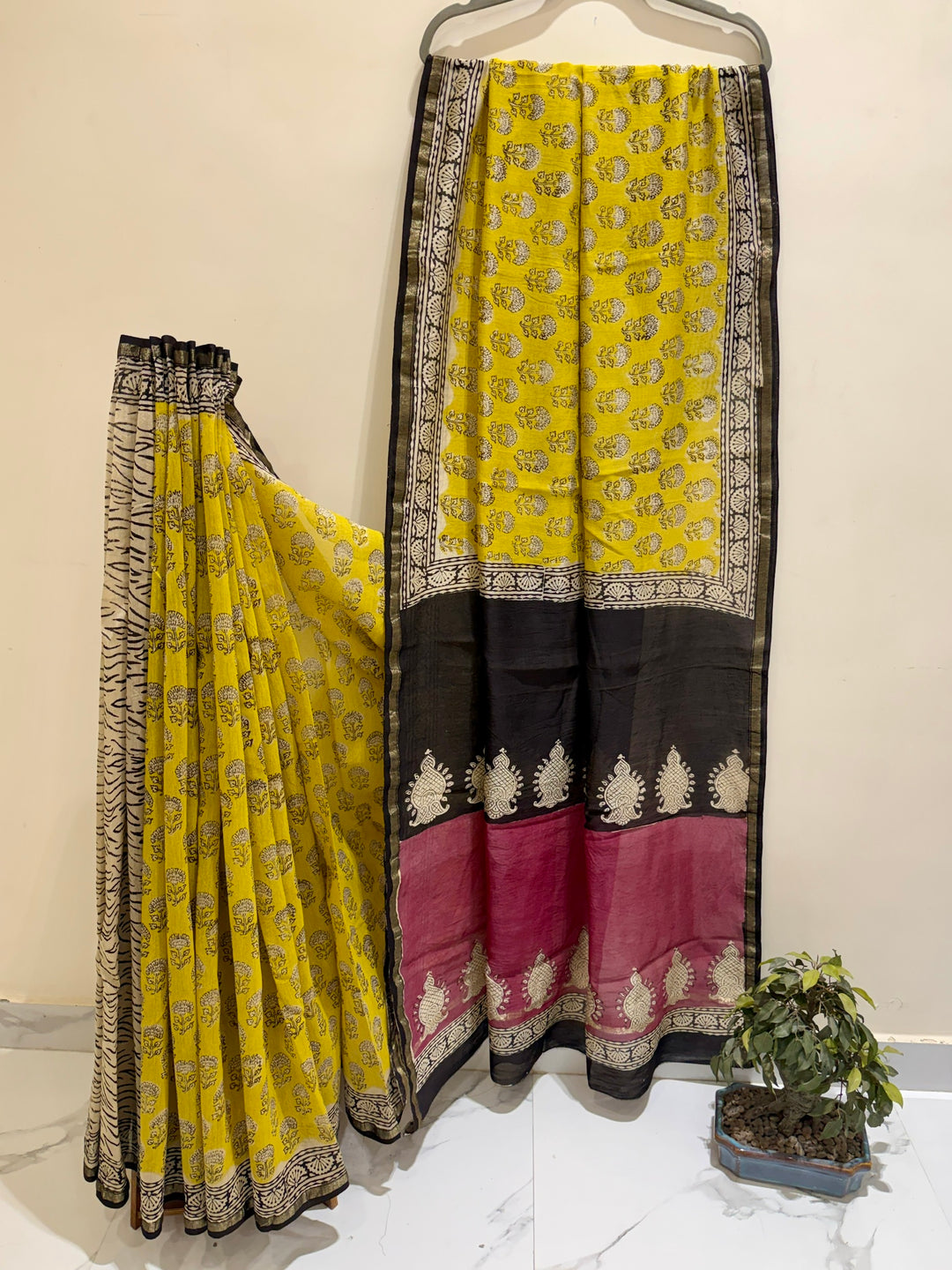 Bright Yellow and Black Chanderi Silk Ajrakh Handblock Printed Saree with Magenta Pink Border Accent