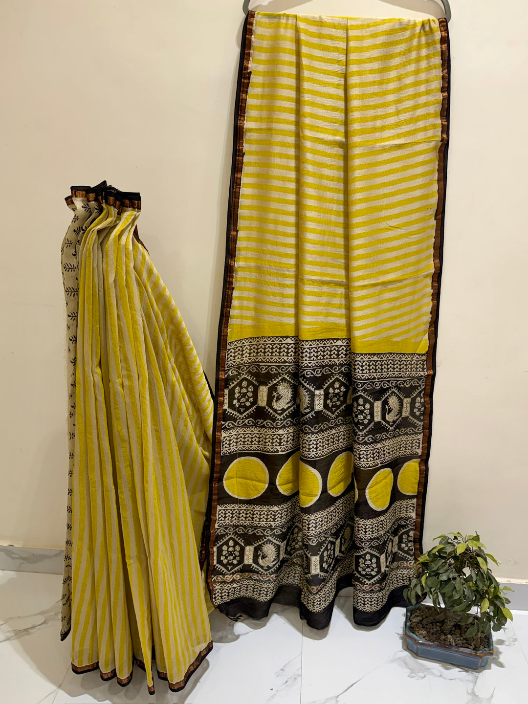 Olive Yellow Striped Chanderi Silk Ajrakh Handblock Printed Saree with Charcoal Black Peacock Motif Pallu