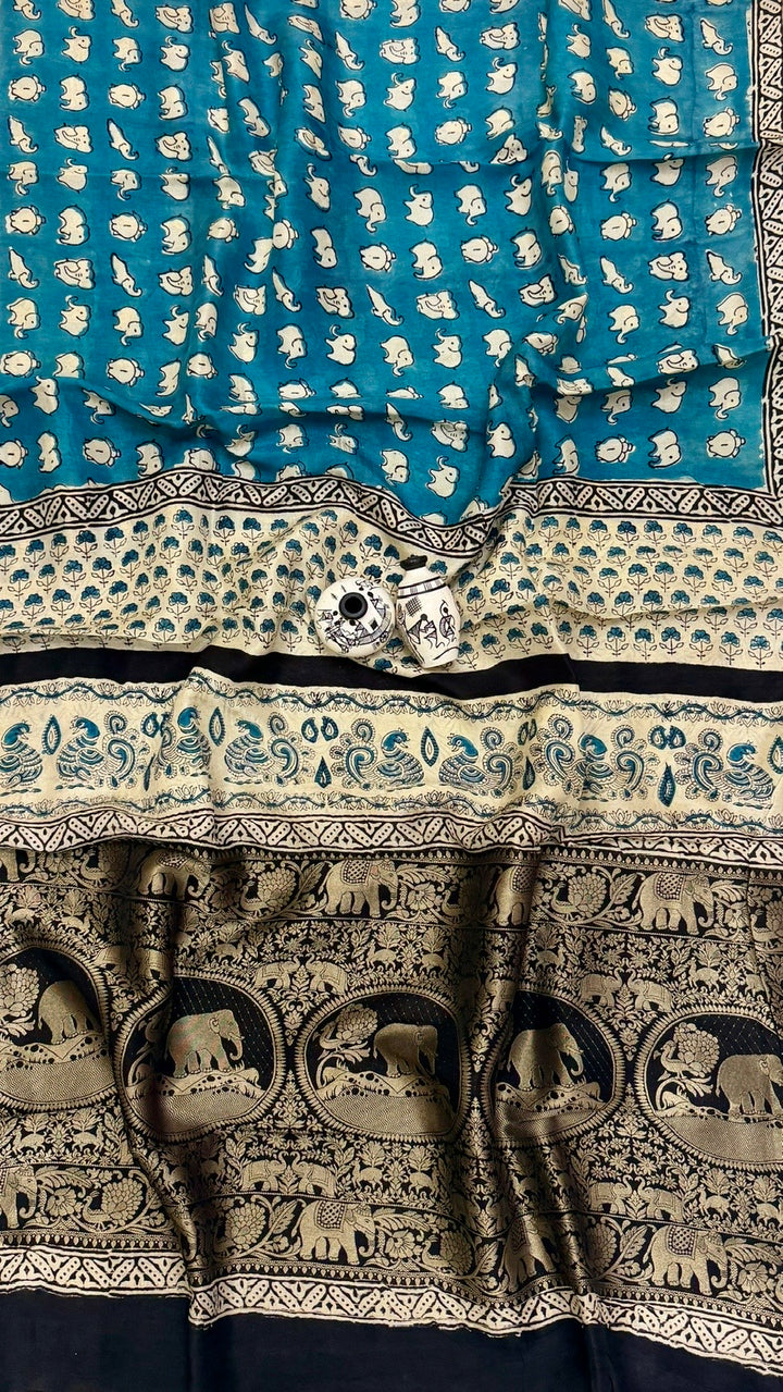 Pure Dola Silk Ajrakh Handblock Printed Saree in Peacock Blue with Elegant Elephant Print