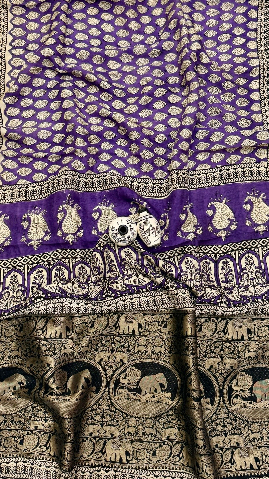 Royal Purple and Black Pure Dola Silk Ajrakh Handblock Printed Saree