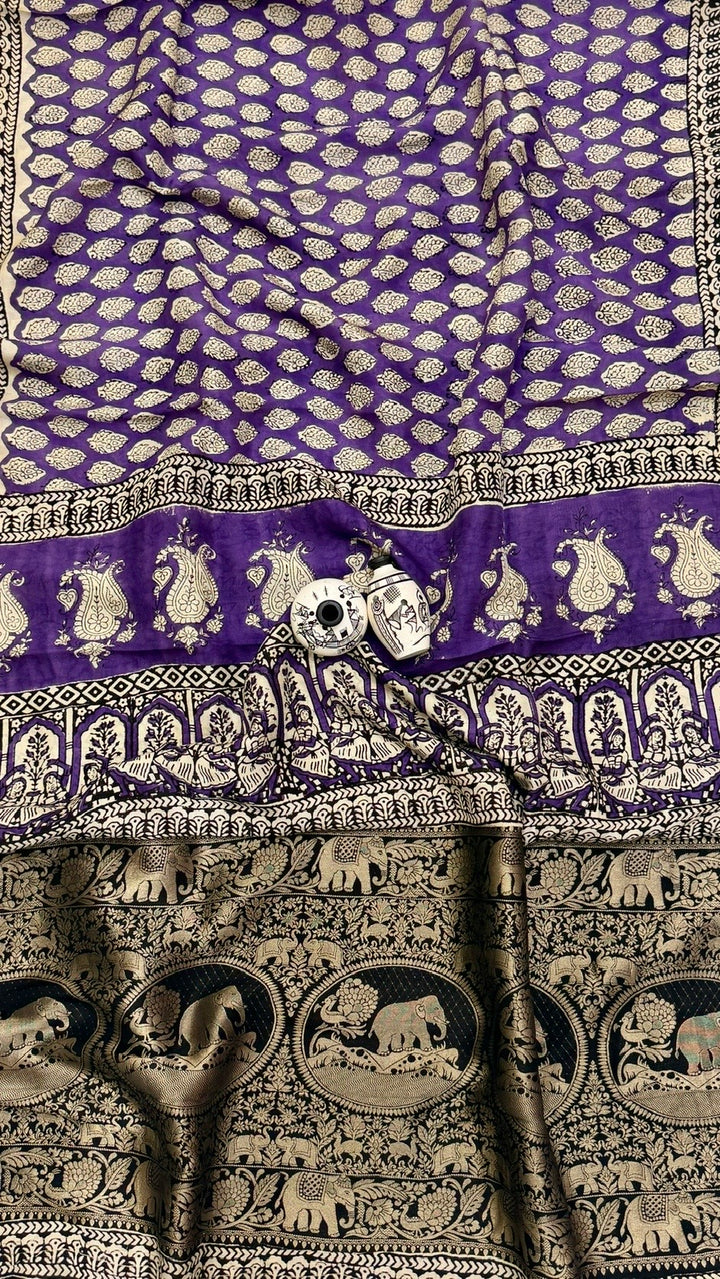 Royal Purple and Black Pure Dola Silk Ajrakh Handblock Printed Saree