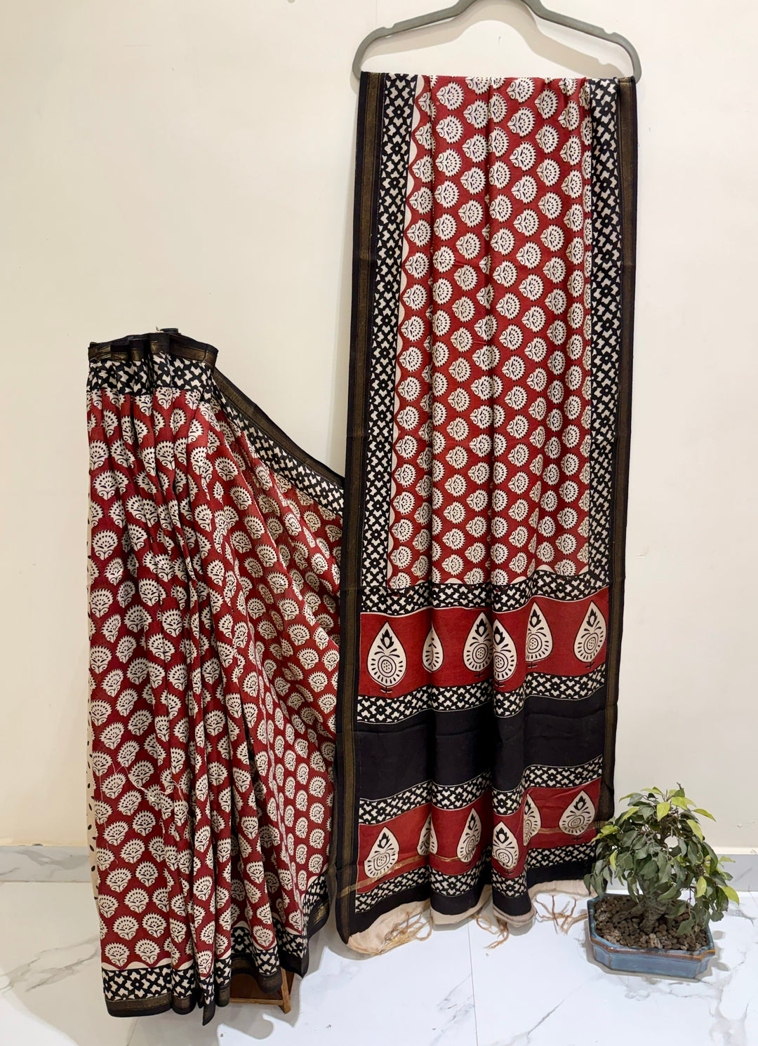 Deep Maroon and Charcoal Black Chanderi Silk Ajrakh Handblock Printed Saree with Traditional Leaf Motif Pallu