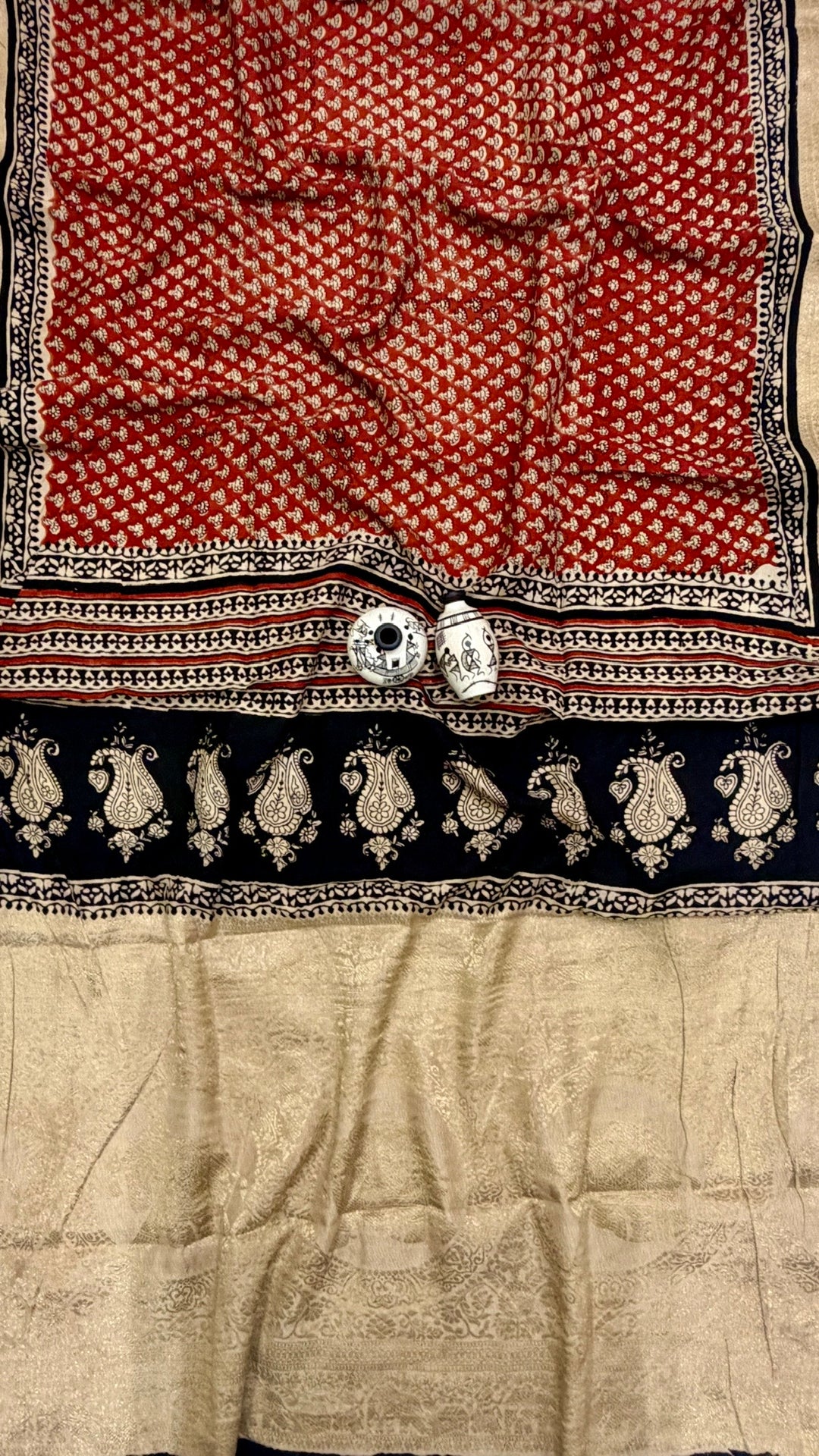 Festive Crimson Red Pure Dola Silk Ajrakh Handblock Printed Saree