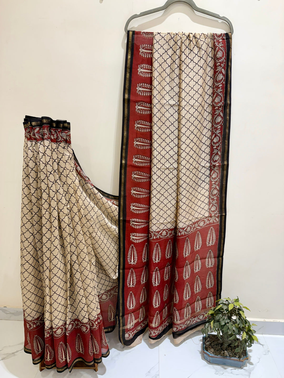 Ivory White and Terracotta Red Chanderi Silk Ajrakh Handblock Printed Saree with Lattice Jaal Pattern