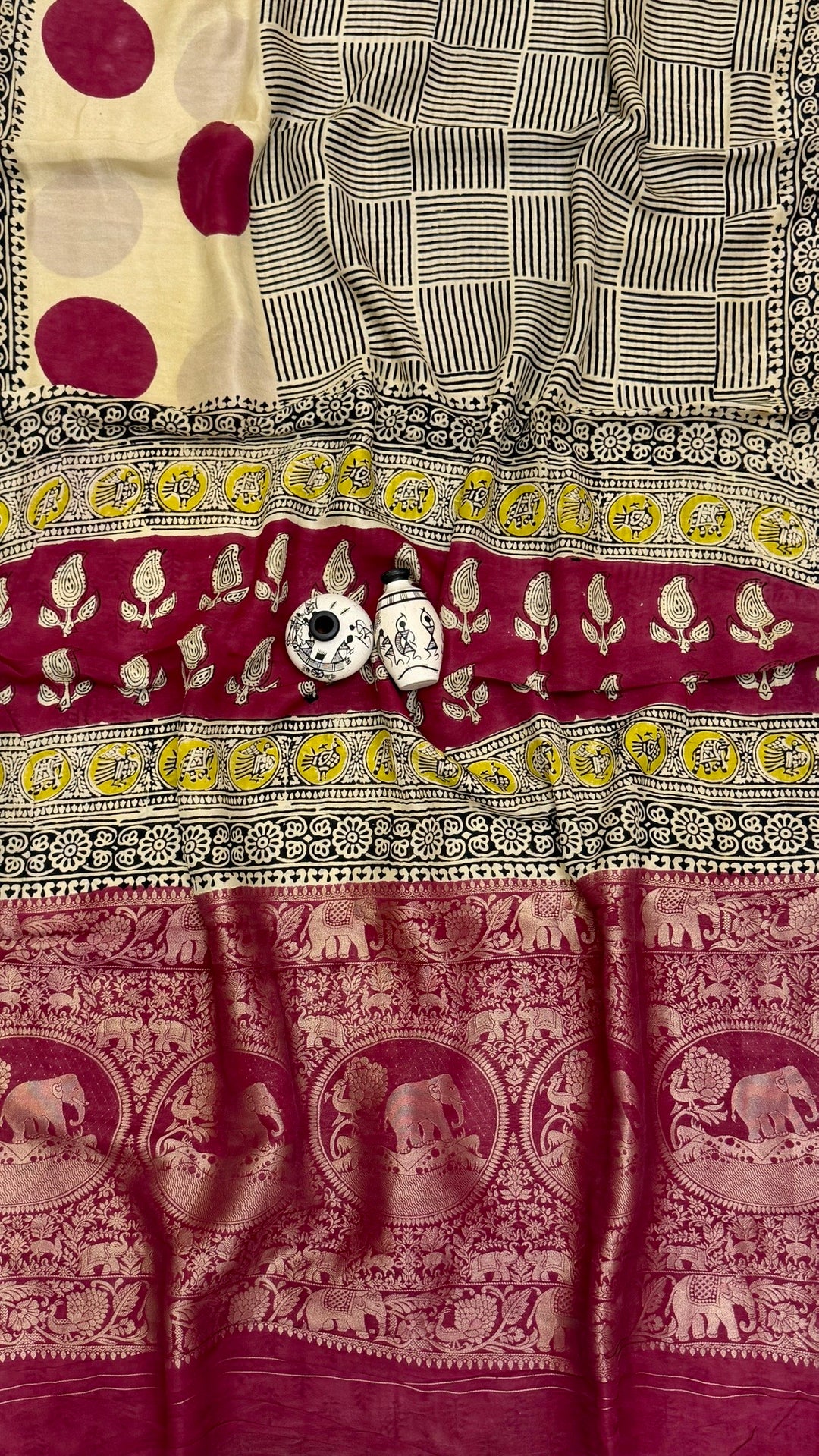 Deep Wine and Cream Pure Dola Silk Ajrakh Handblock Printed Saree