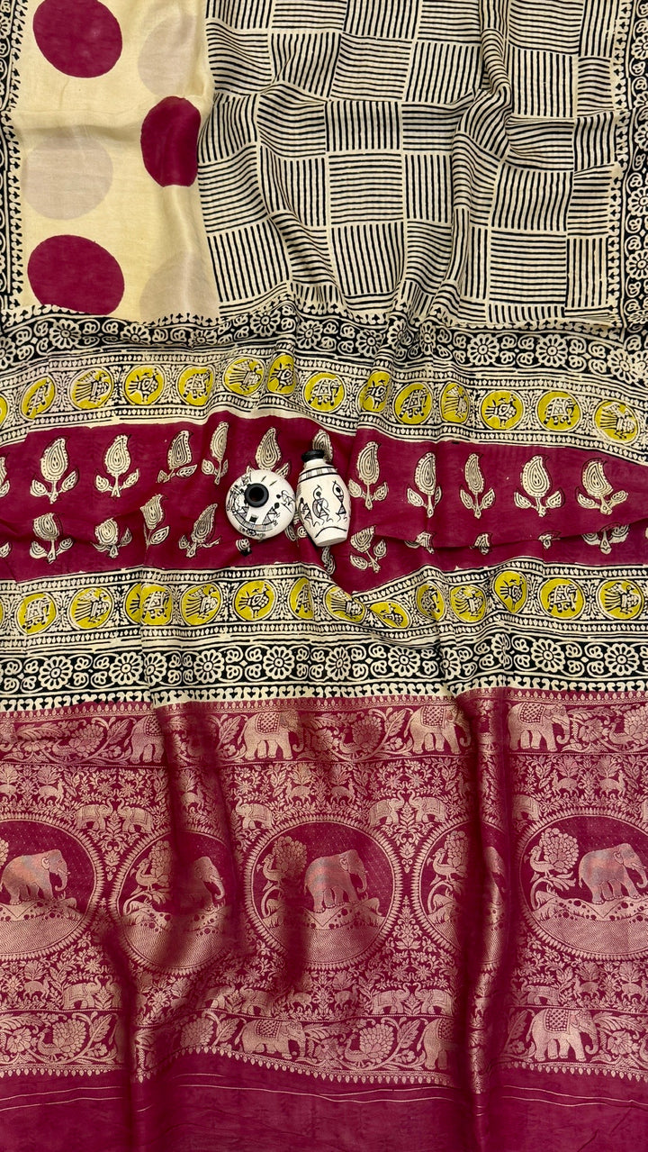 Deep Wine and Cream Pure Dola Silk Ajrakh Handblock Printed Saree