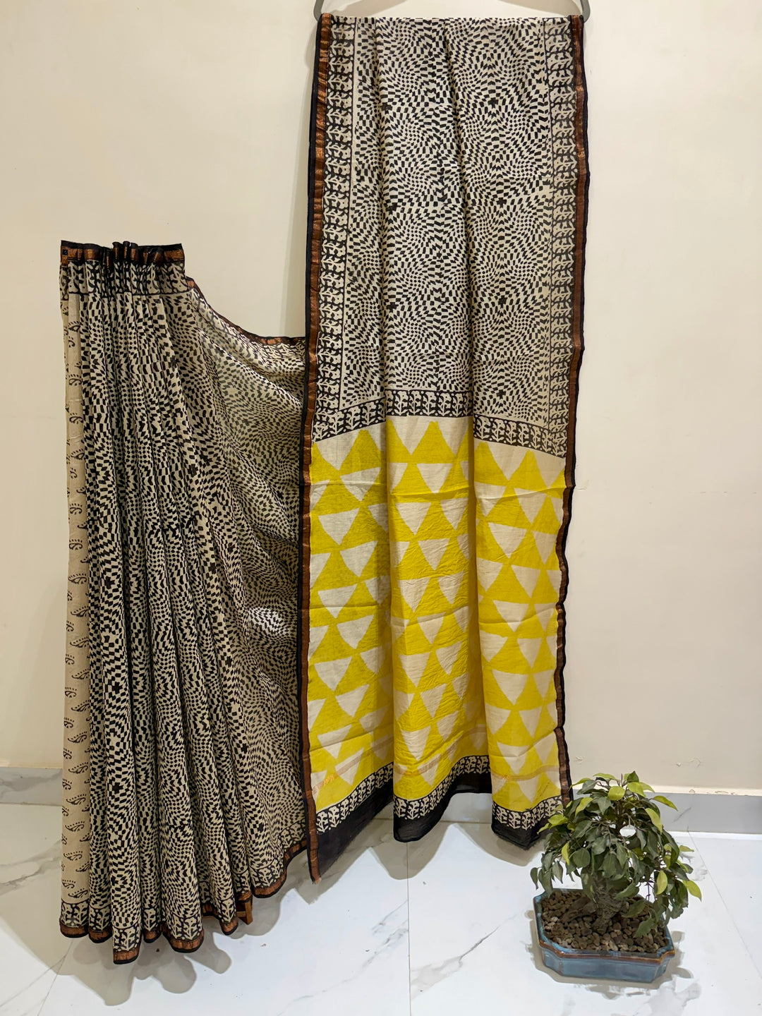 Monochrome Black and Cream Chanderi Silk Ajrakh Handblock Printed Saree with Geometric Mustard Yellow Pallu