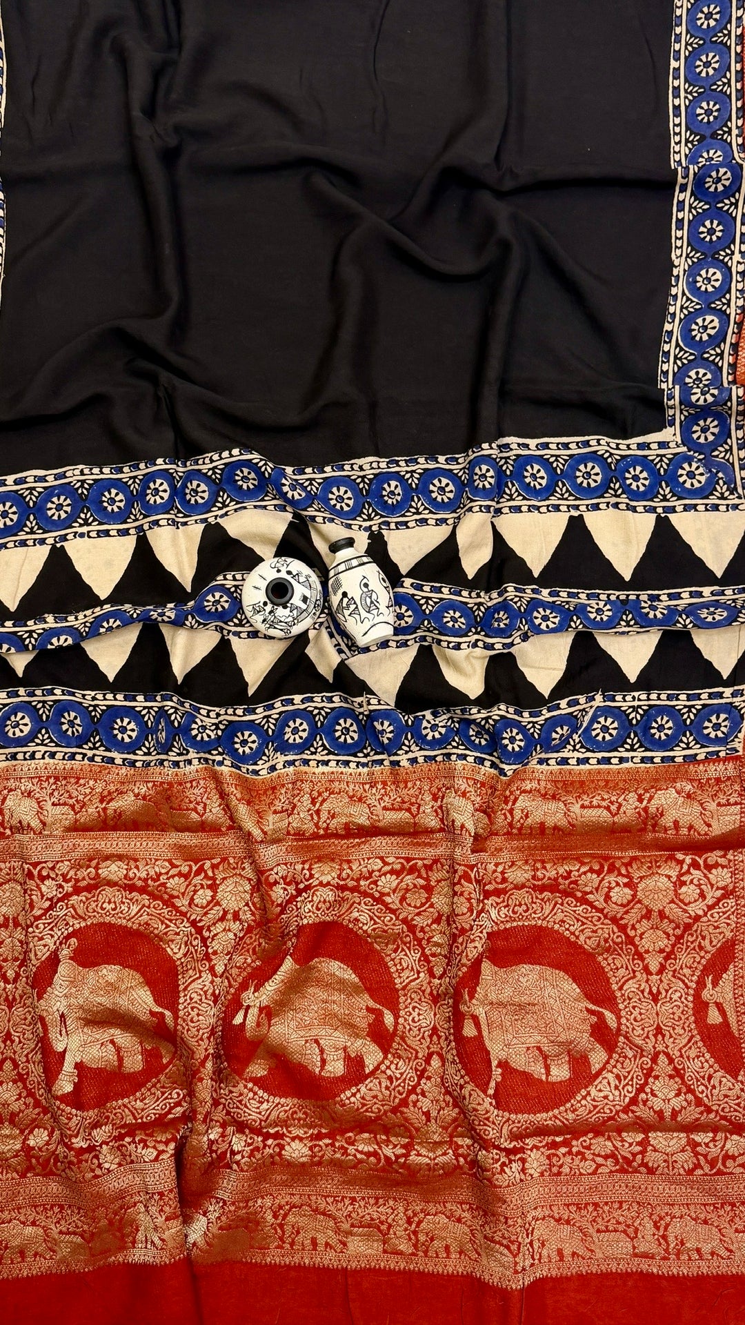 Jet Black and Rust Red Pure Dola Silk Ajrakh Handblock Printed Saree