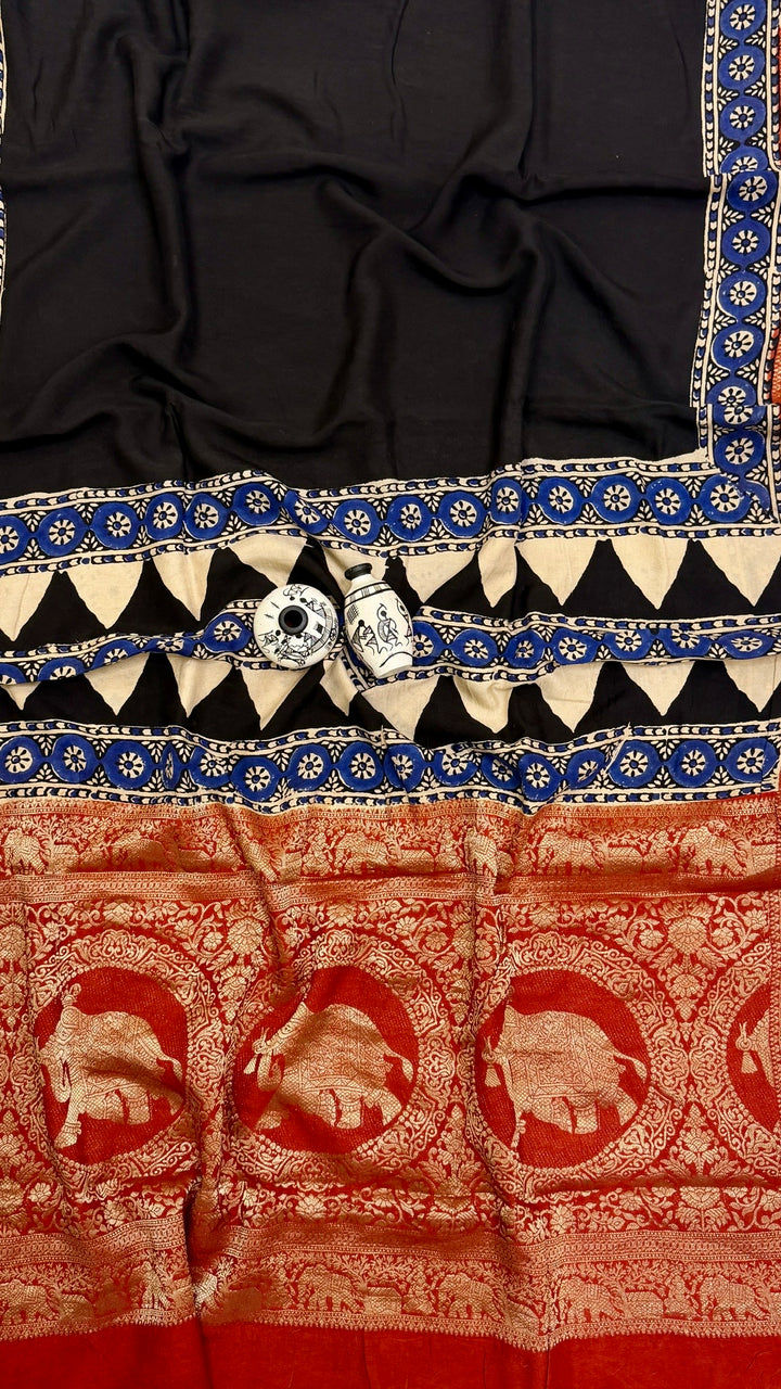 Jet Black and Rust Red Pure Dola Silk Ajrakh Handblock Printed Saree