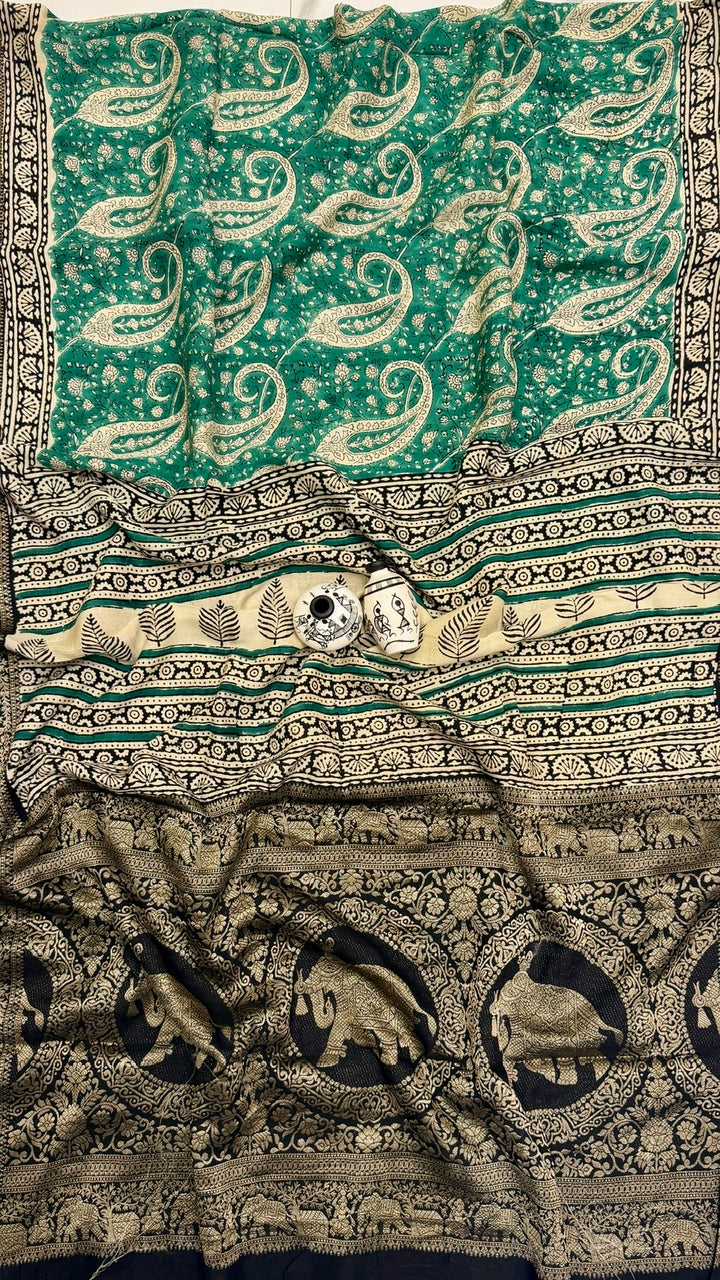 Royal Emerald Green Pure Dola Silk Ajrakh Handblock Printed Saree