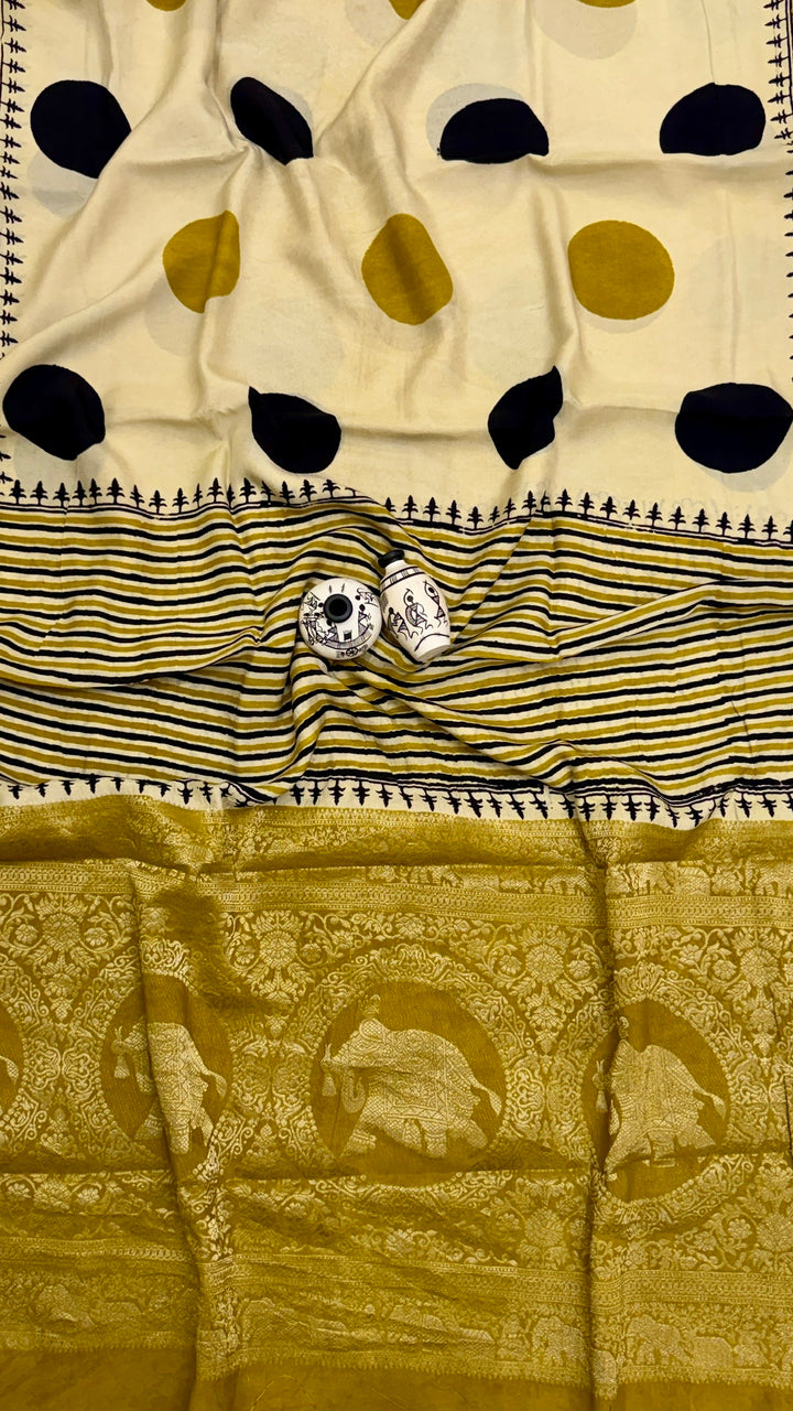 Contemporary Bold Polka Dot Pure Dola Silk Ajrakh Saree in Mustard and Black