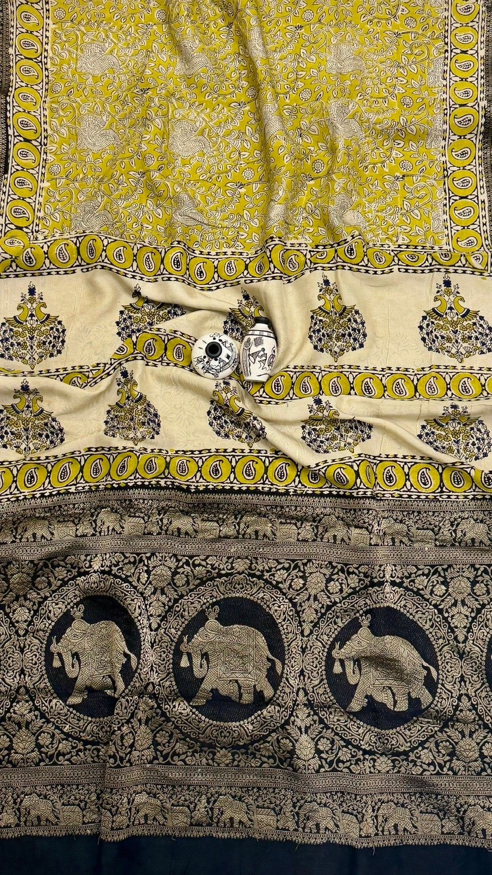 Premium Mustard Yellow and Cream Pure Dola Silk Ajrakh Handblock Printed Saree