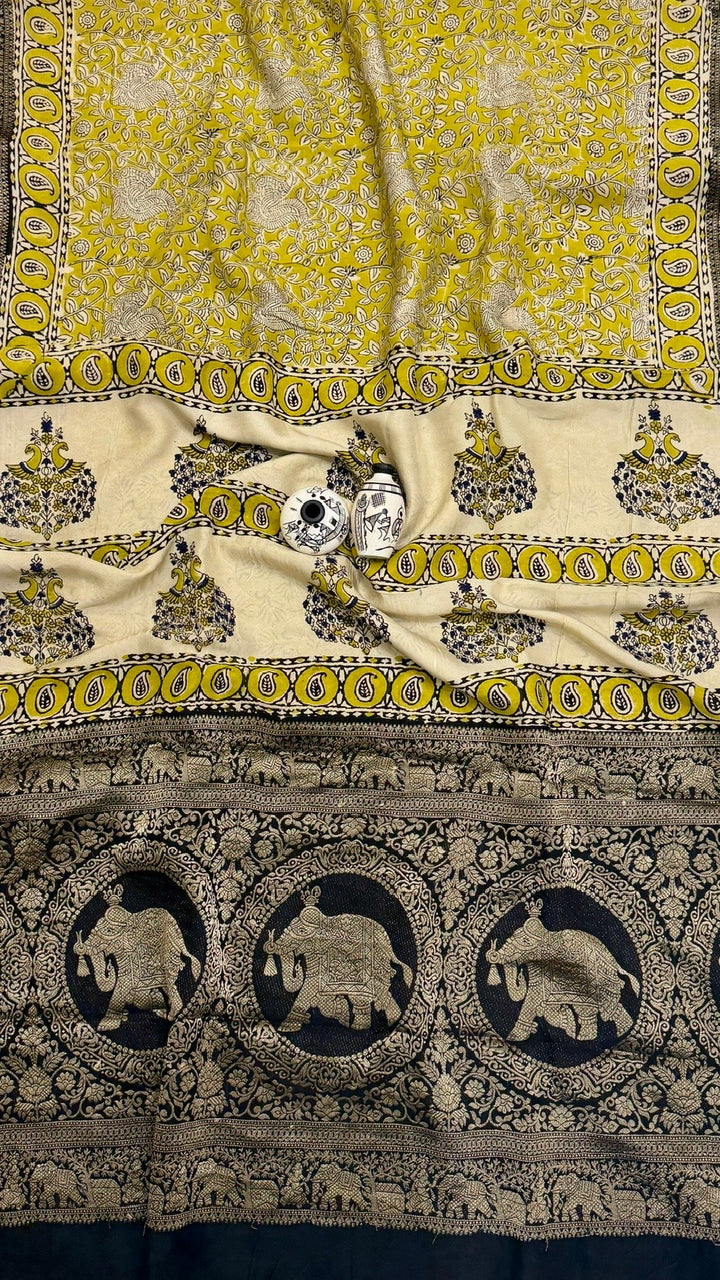 Premium Mustard Yellow and Cream Pure Dola Silk Ajrakh Handblock Printed Saree