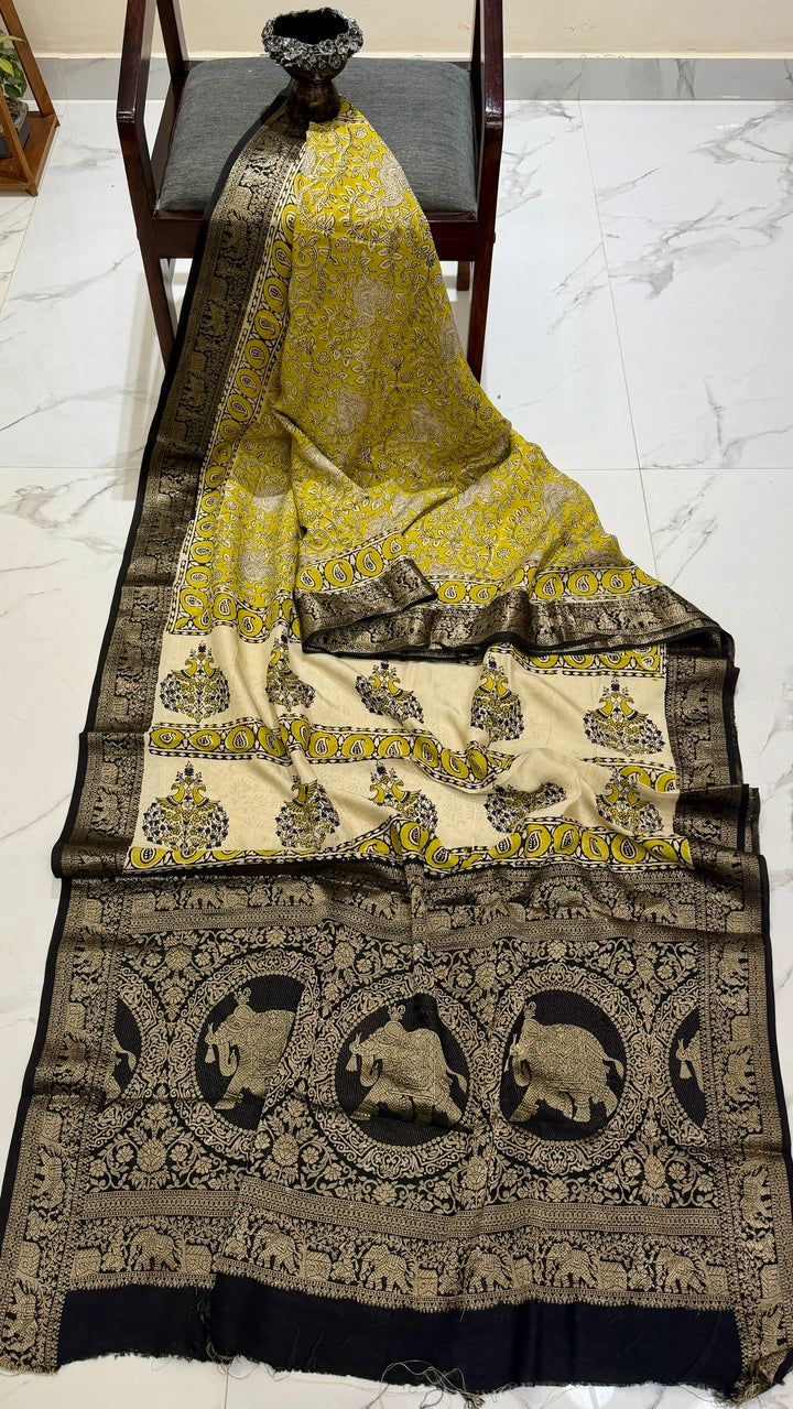 Premium Mustard Yellow and Cream Pure Dola Silk Ajrakh Handblock Printed Saree