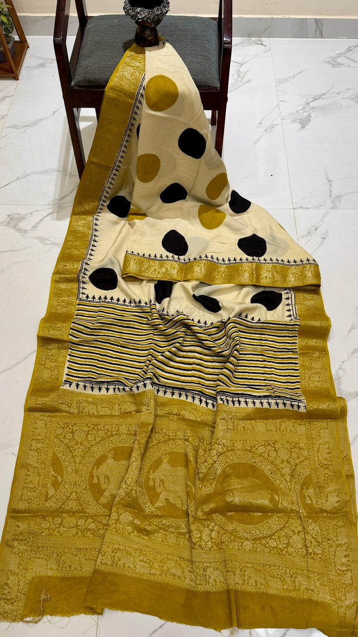 Contemporary Bold Polka Dot Pure Dola Silk Ajrakh Saree in Mustard and Black