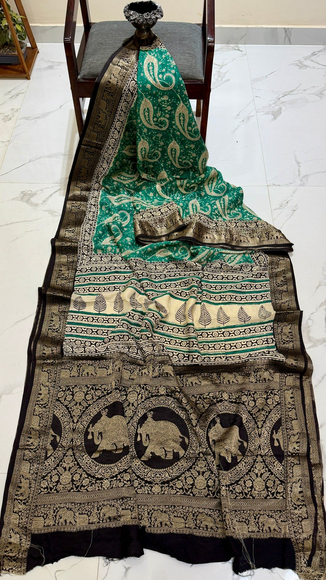 Royal Emerald Green Pure Dola Silk Ajrakh Handblock Printed Saree