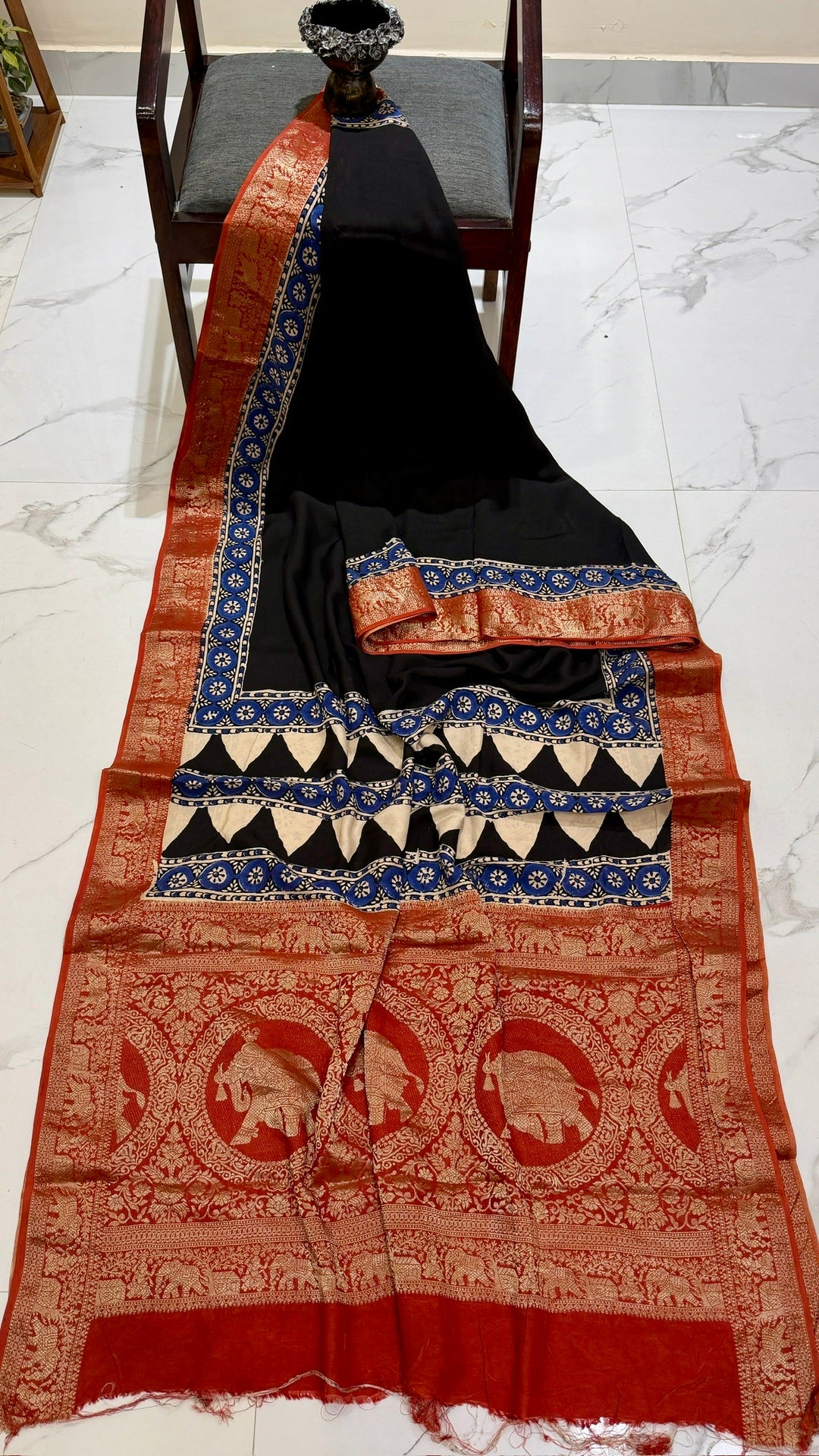 Jet Black and Rust Red Pure Dola Silk Ajrakh Handblock Printed Saree