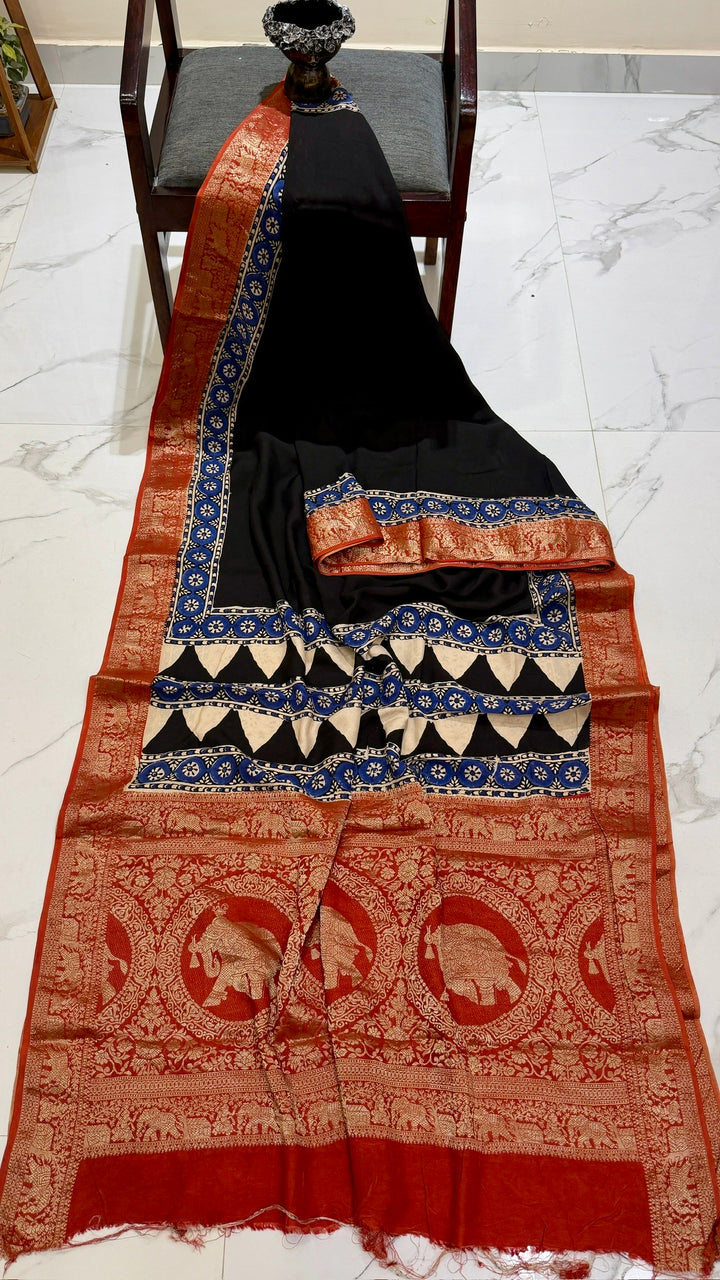 Jet Black and Rust Red Pure Dola Silk Ajrakh Handblock Printed Saree