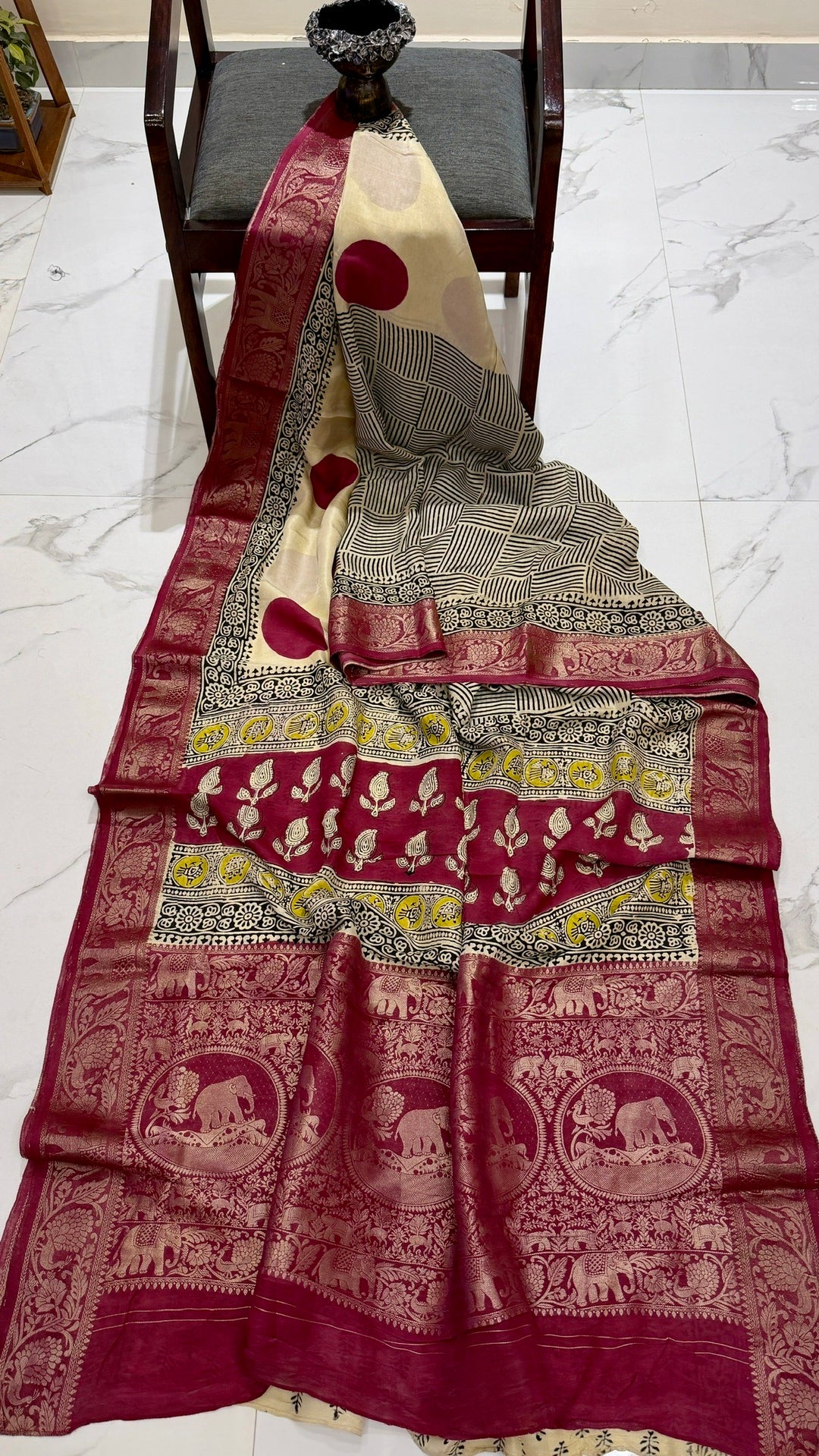 Deep Wine and Cream Pure Dola Silk Ajrakh Handblock Printed Saree