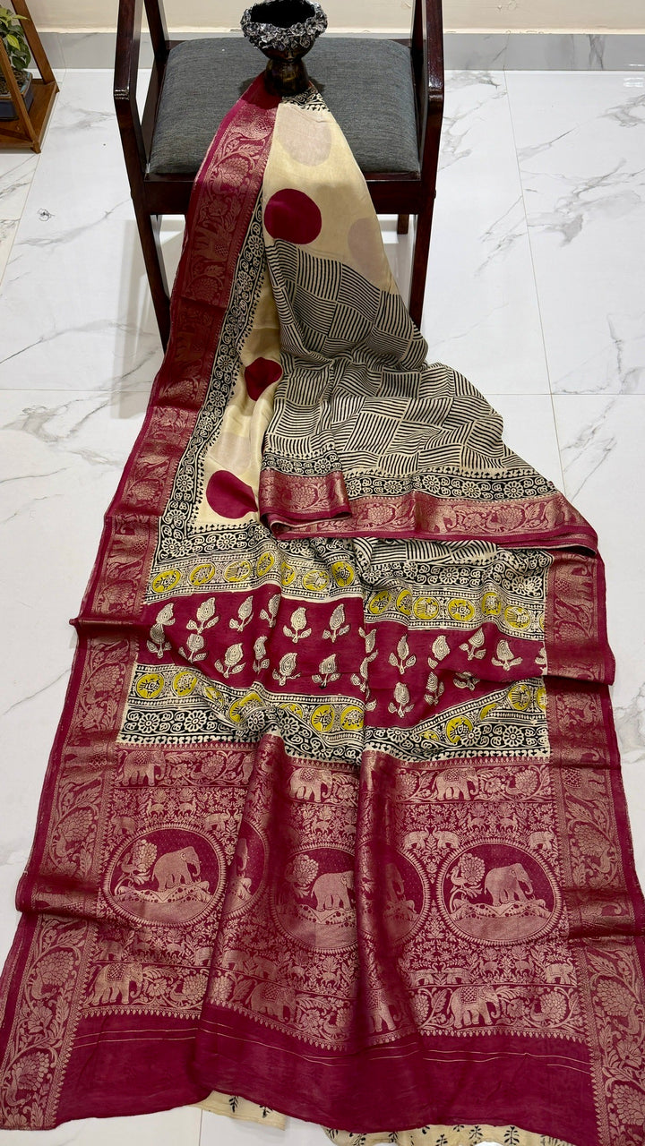 Deep Wine and Cream Pure Dola Silk Ajrakh Handblock Printed Saree
