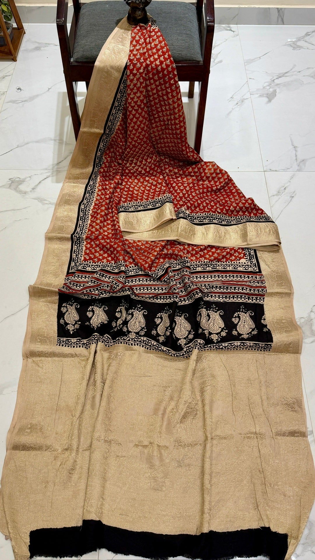 Festive Crimson Red Pure Dola Silk Ajrakh Handblock Printed Saree