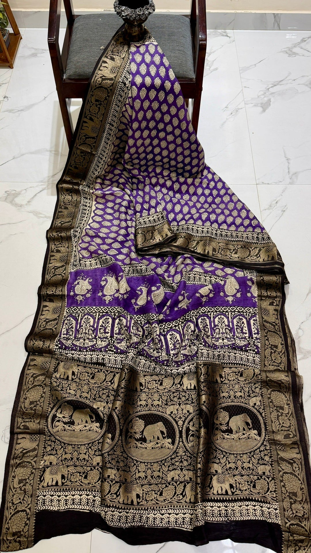 Royal Purple and Black Pure Dola Silk Ajrakh Handblock Printed Saree