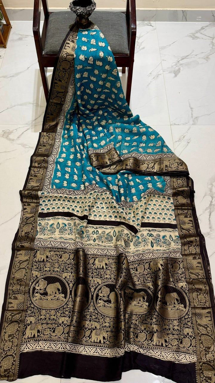 Pure Dola Silk Ajrakh Handblock Printed Saree in Peacock Blue with Elegant Elephant Print