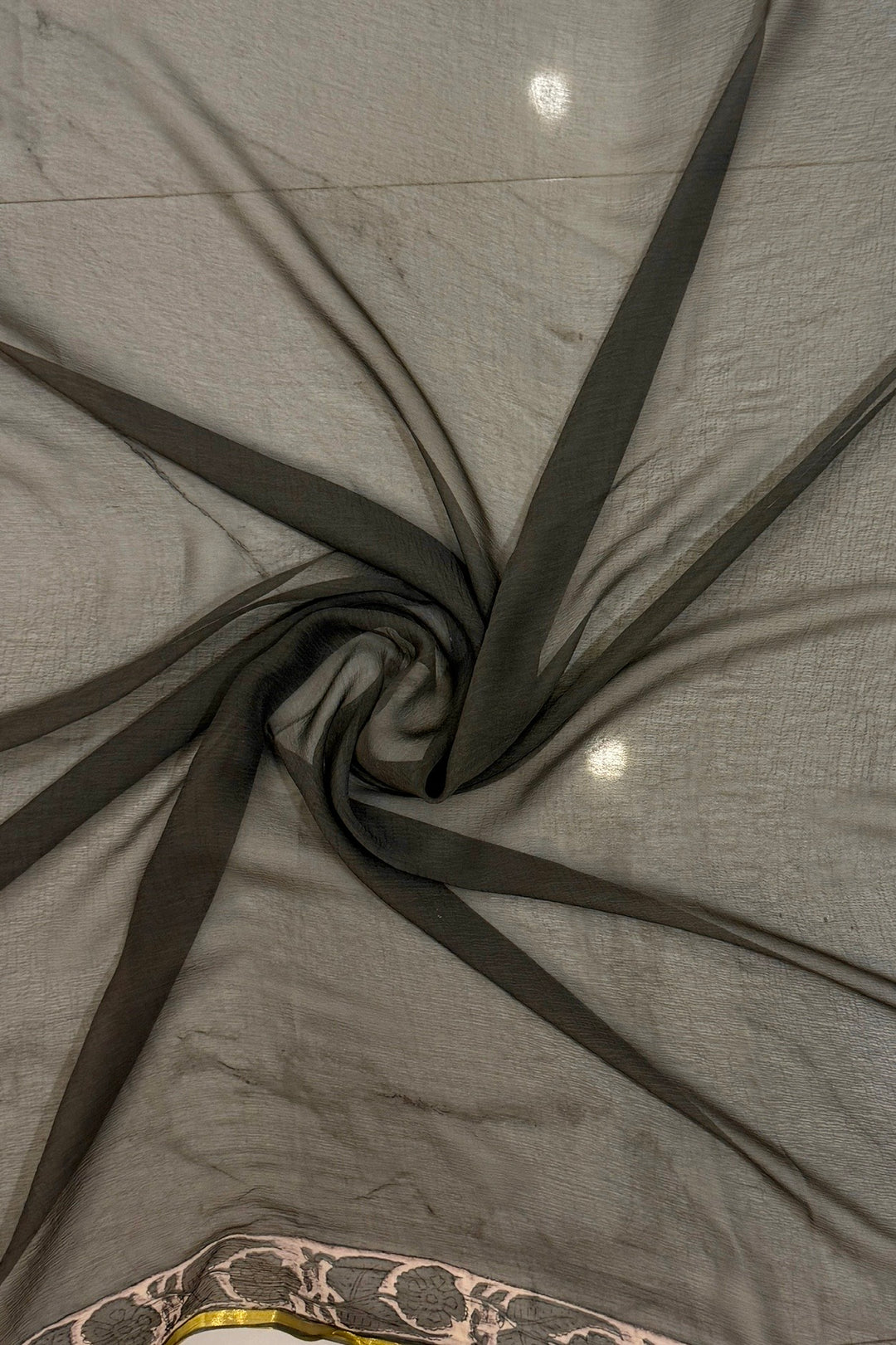 Sophisticated Charcoal Grey Diamond Chiffon Saree with Bold Floral Motifs