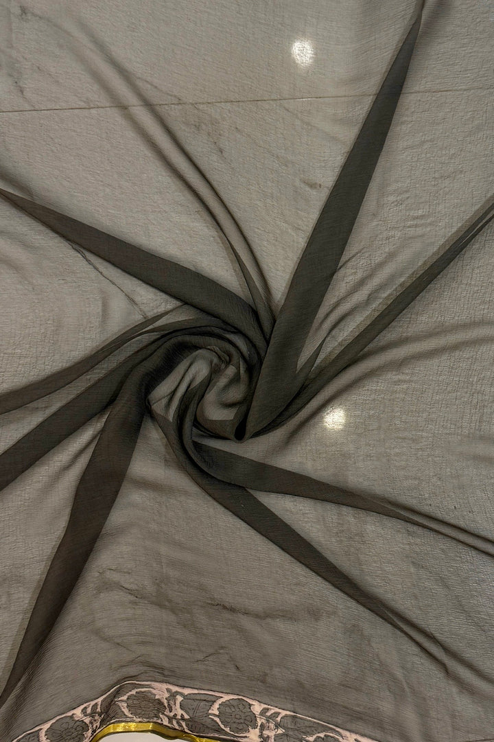 Sophisticated Charcoal Grey Diamond Chiffon Saree with Bold Floral Motifs