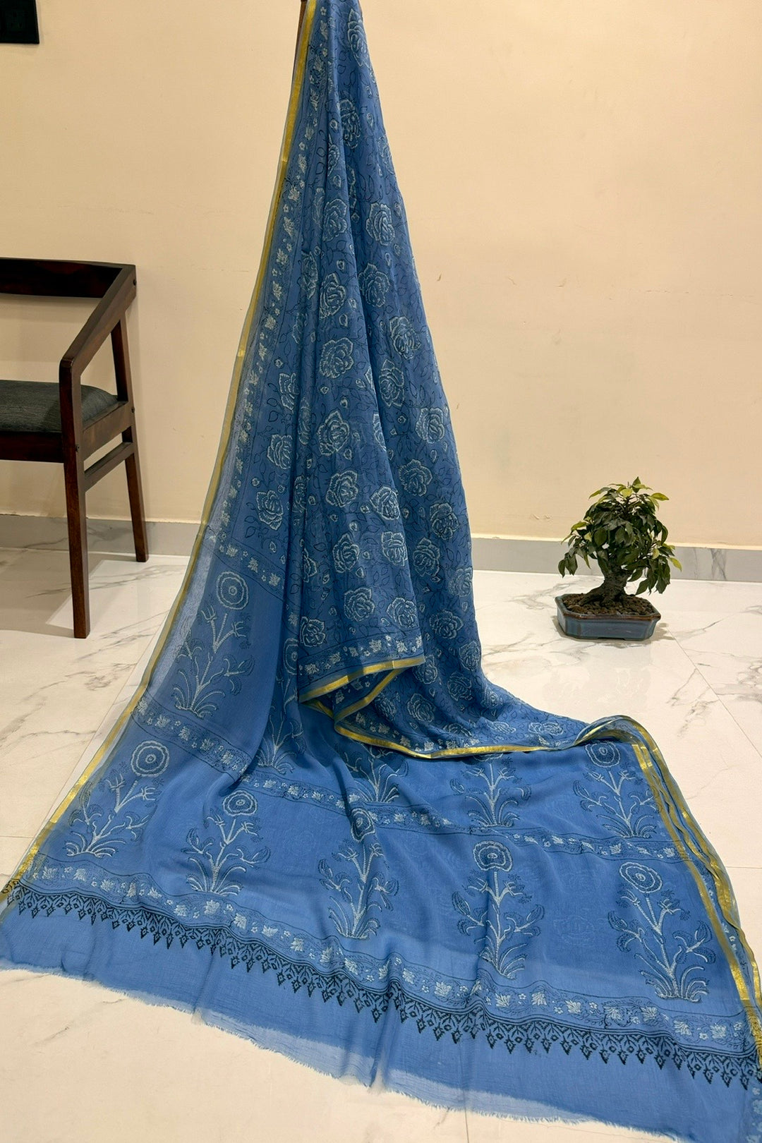 Serene Azure Blue Handblock Printed Saree in Premium Diamond Chiffon