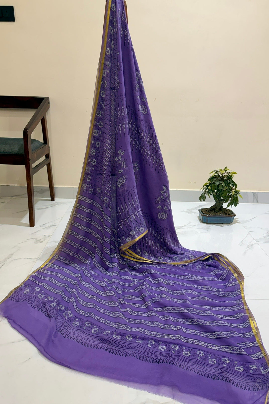 Royal Purple Wave Print Saree on Luxurious Double Diamond Chiffon