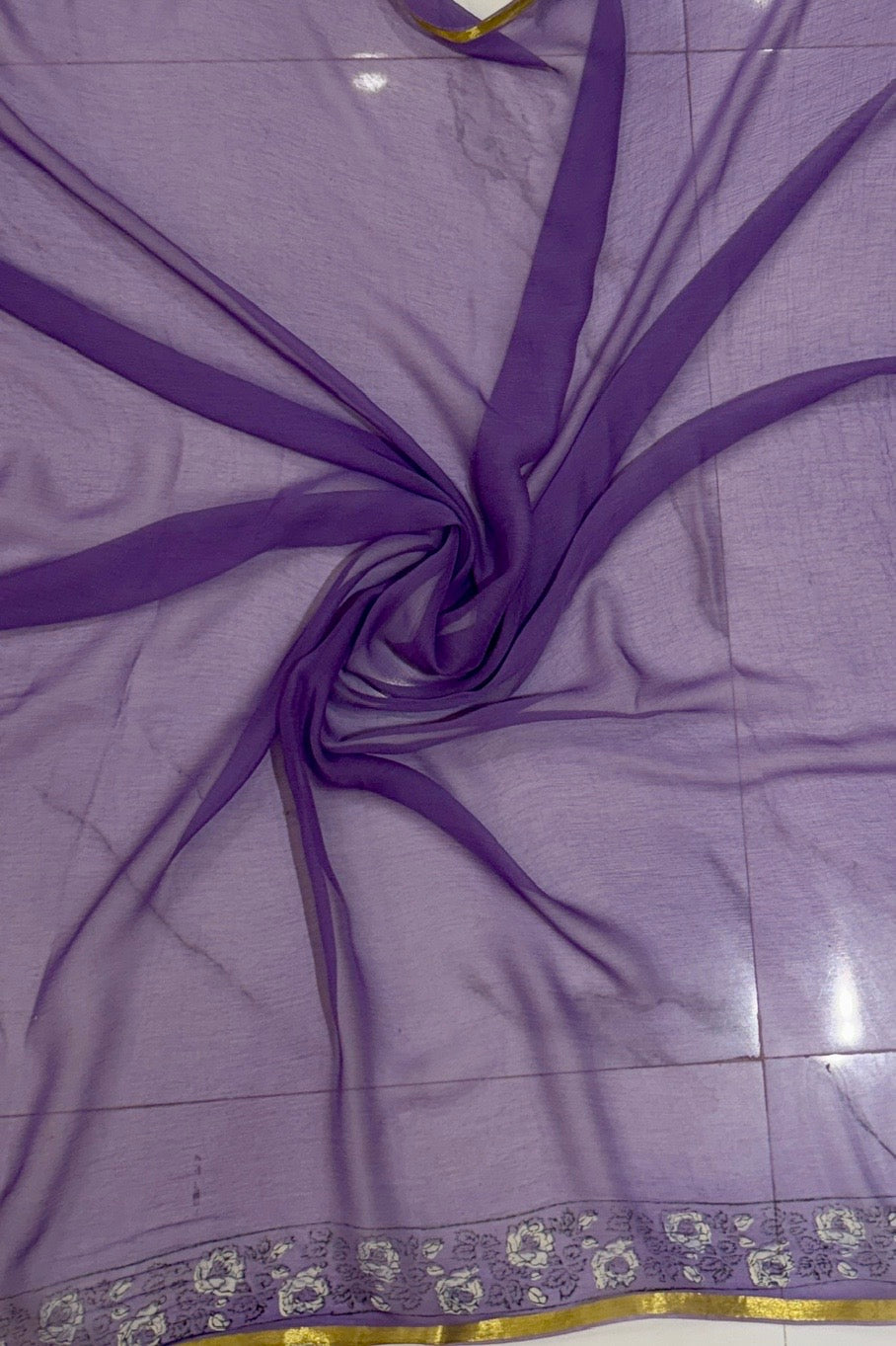 Royal Purple Wave Print Saree on Luxurious Double Diamond Chiffon