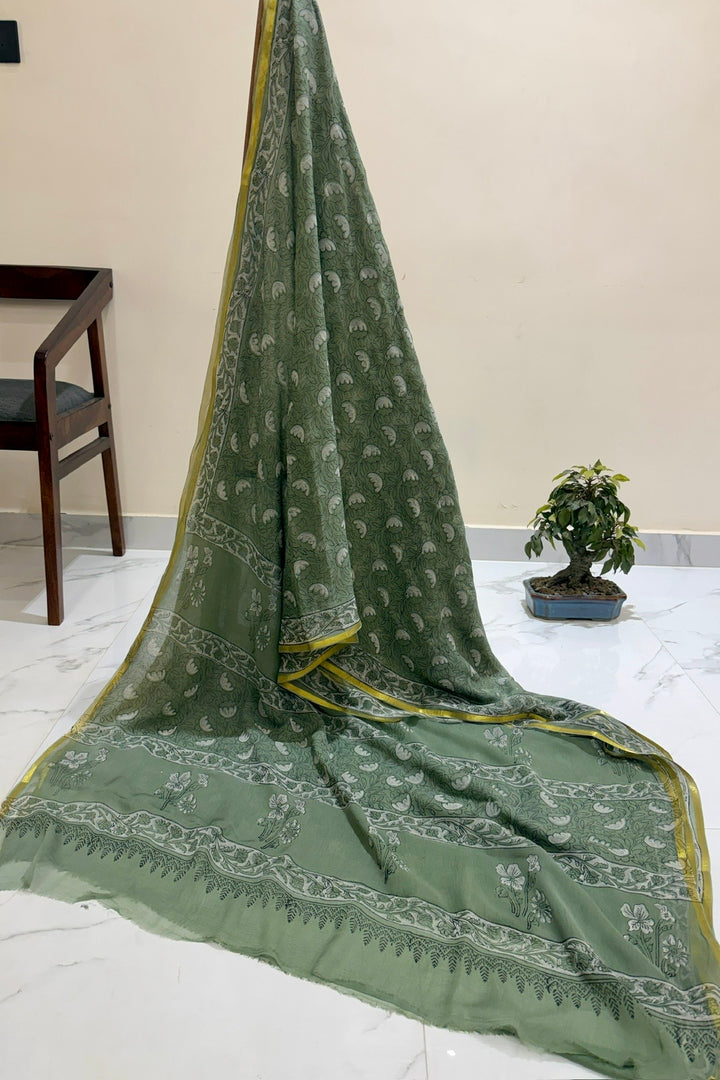 Pastel Sage Green Diamond Chiffon Saree with Graceful Vine Patterns