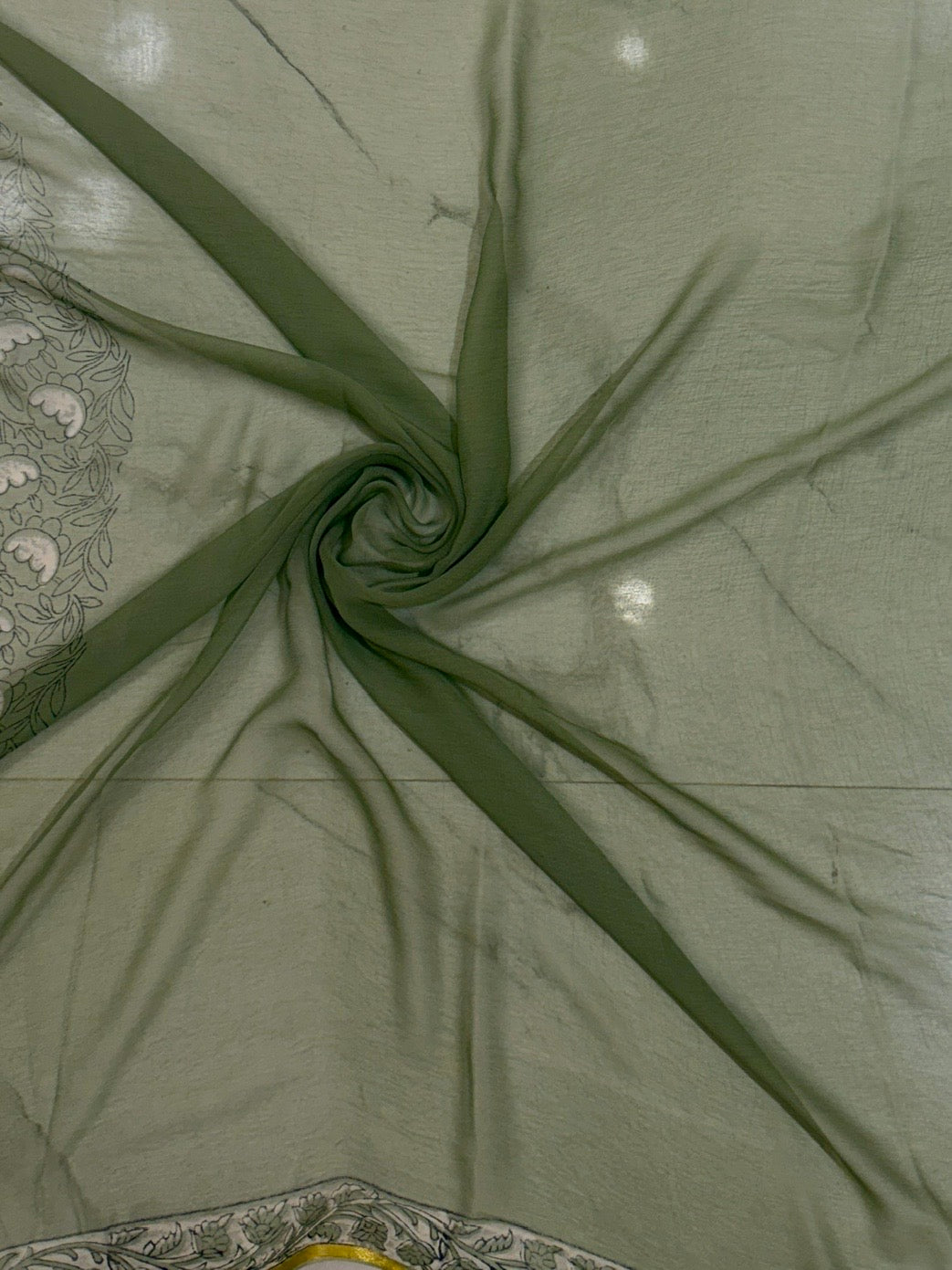 Pastel Sage Green Diamond Chiffon Saree with Graceful Vine Patterns
