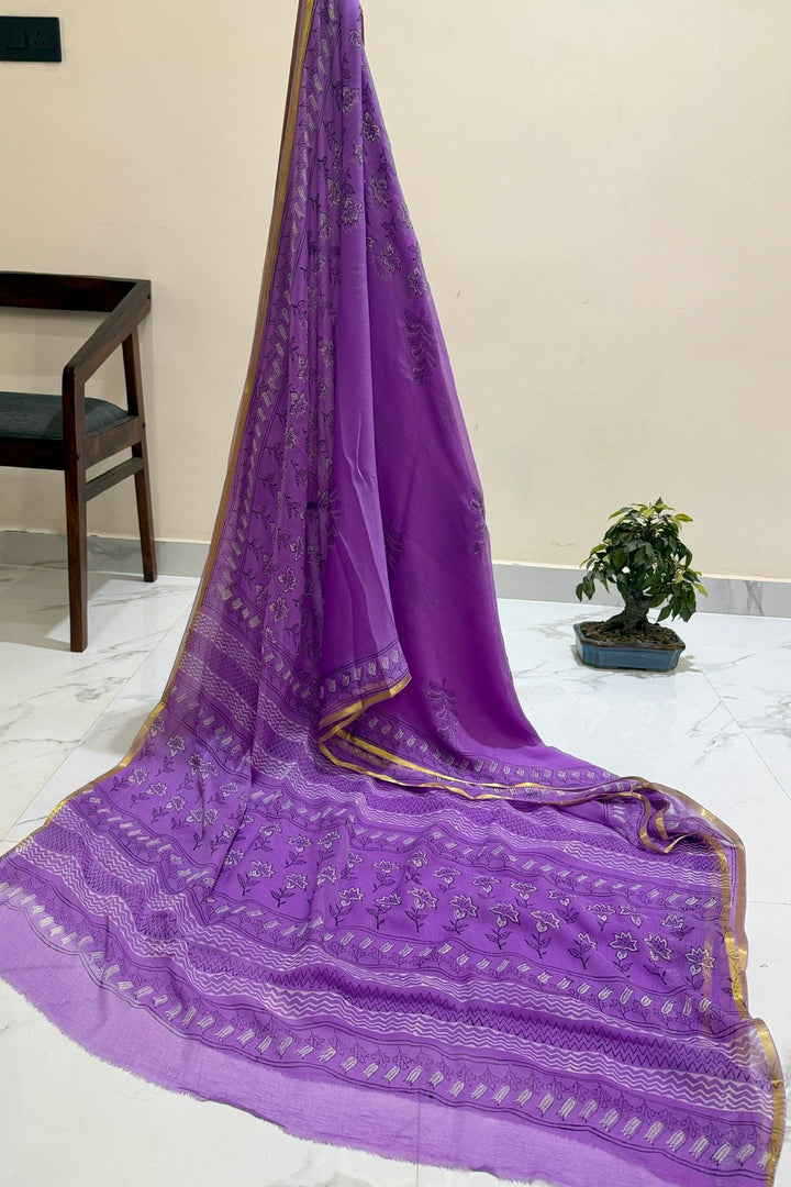 Deep Violet Premium Chiffon Saree with Delicate Silver Handblock Work