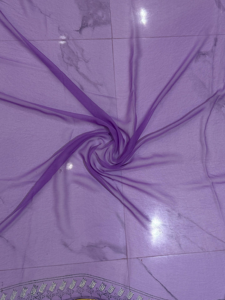 Deep Violet Premium Chiffon Saree with Delicate Silver Handblock Work