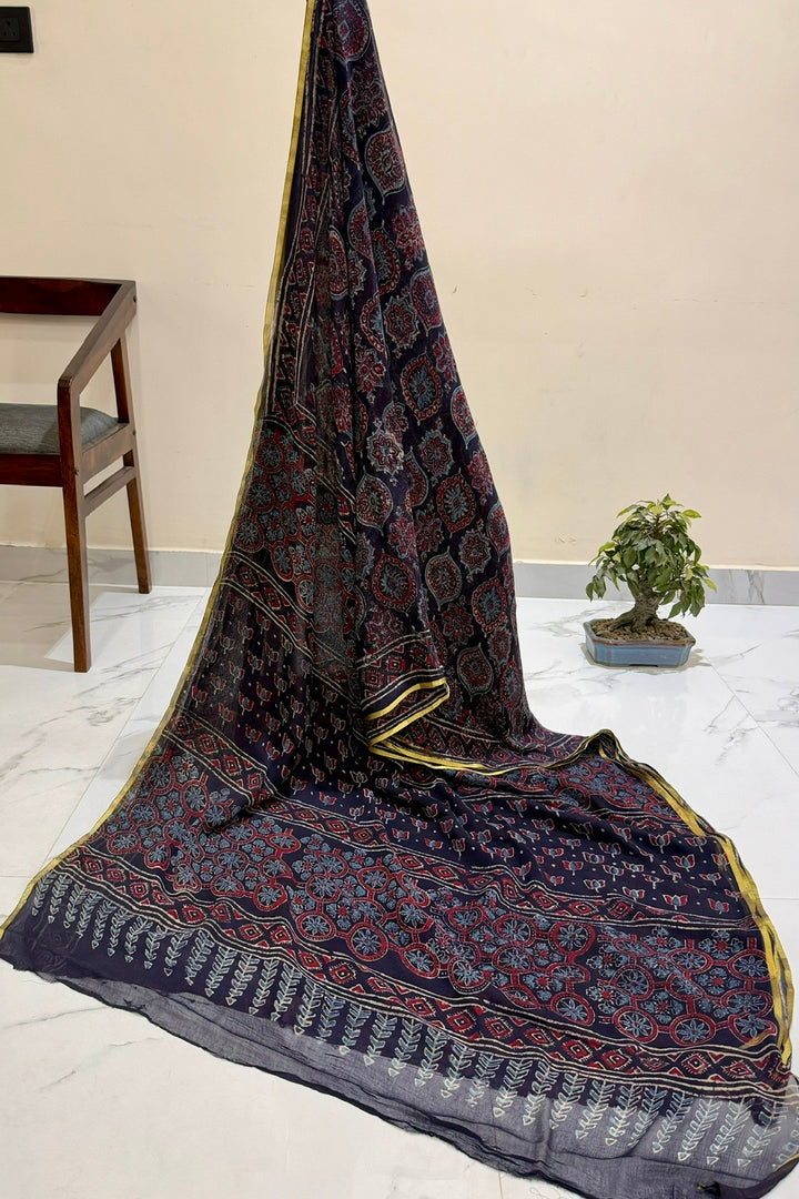 Midnight Blue Ethnic Ajrakh Style Print on Double Diamond Chiffon
