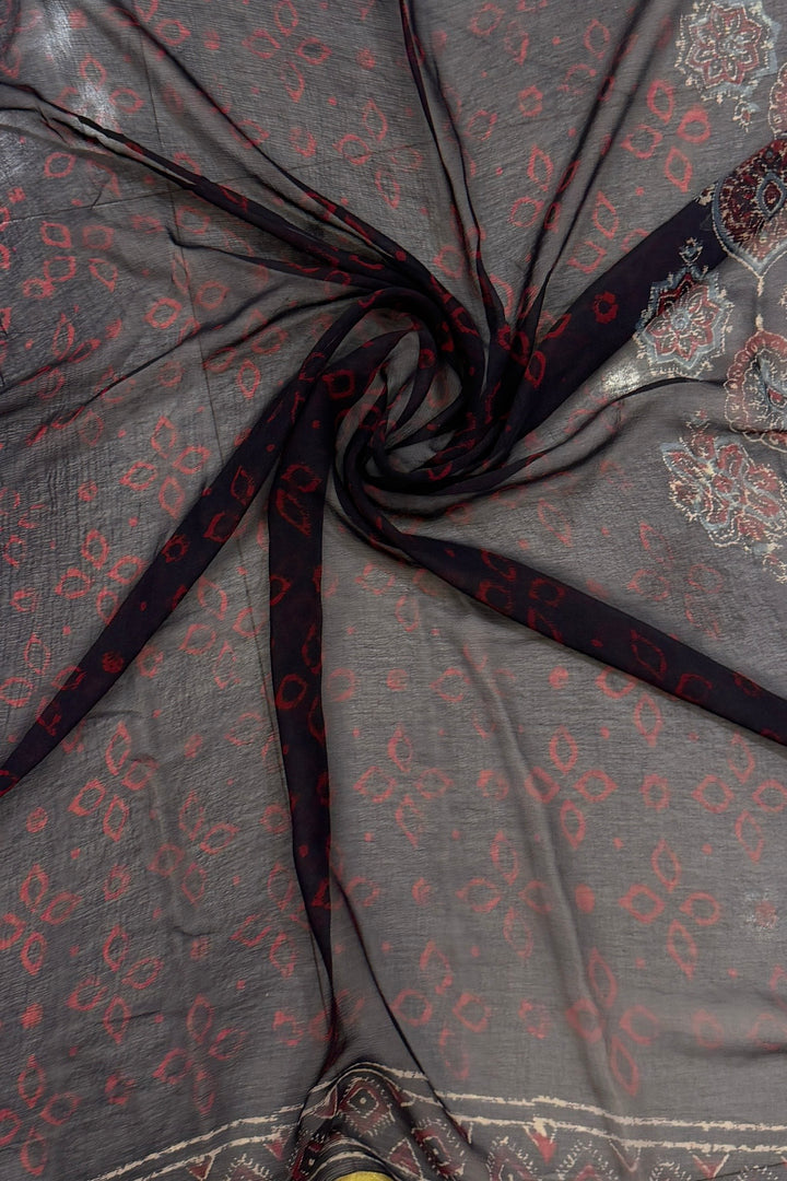 Midnight Blue Ethnic Ajrakh Style Print on Double Diamond Chiffon