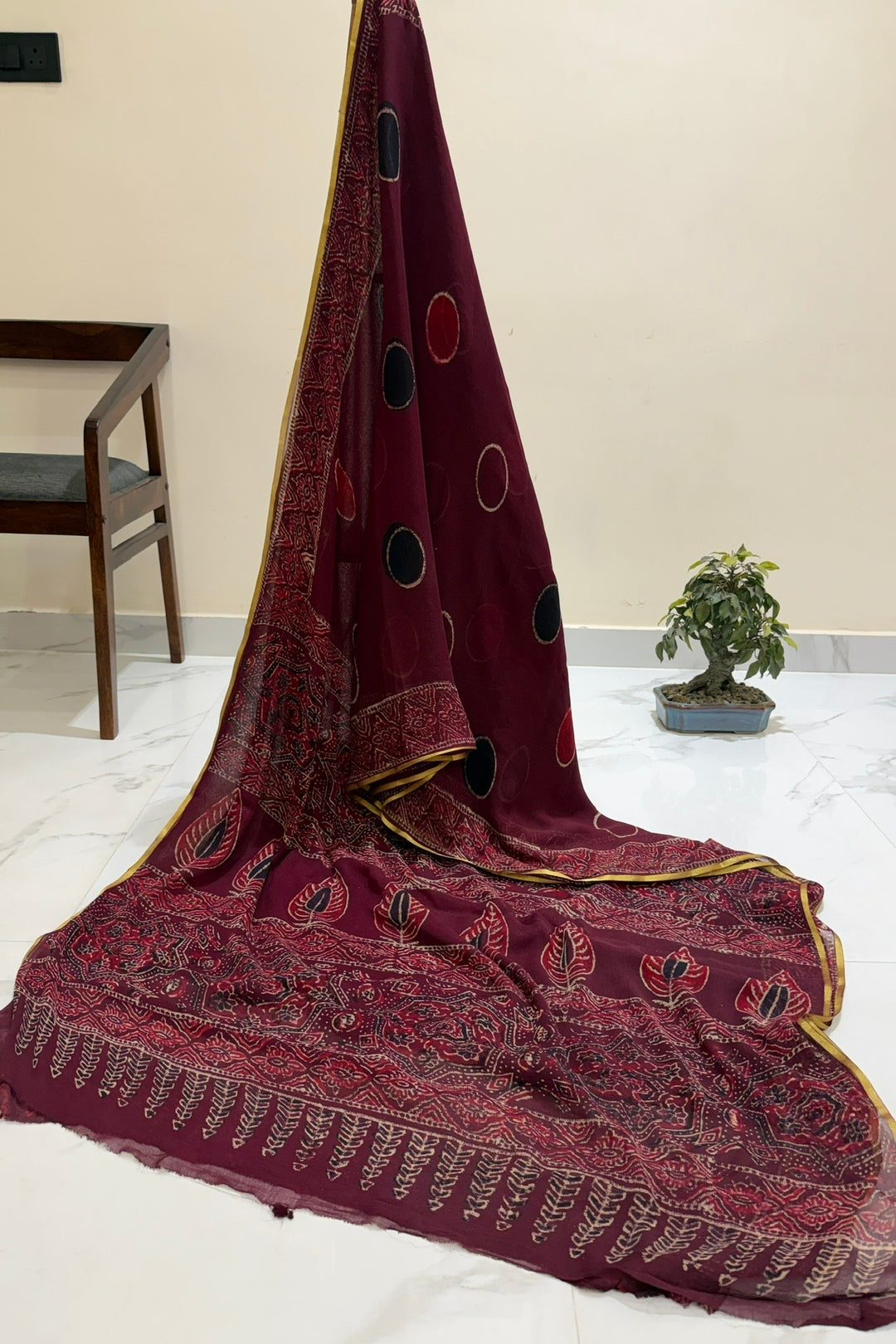 Maroon Polka Dot Handblock Print Double Diamond Chiffon Saree