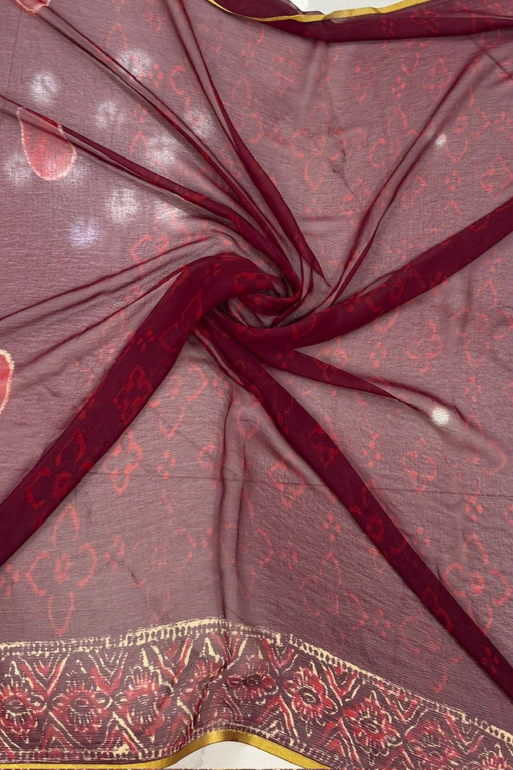 Maroon Polka Dot Handblock Print Double Diamond Chiffon Saree