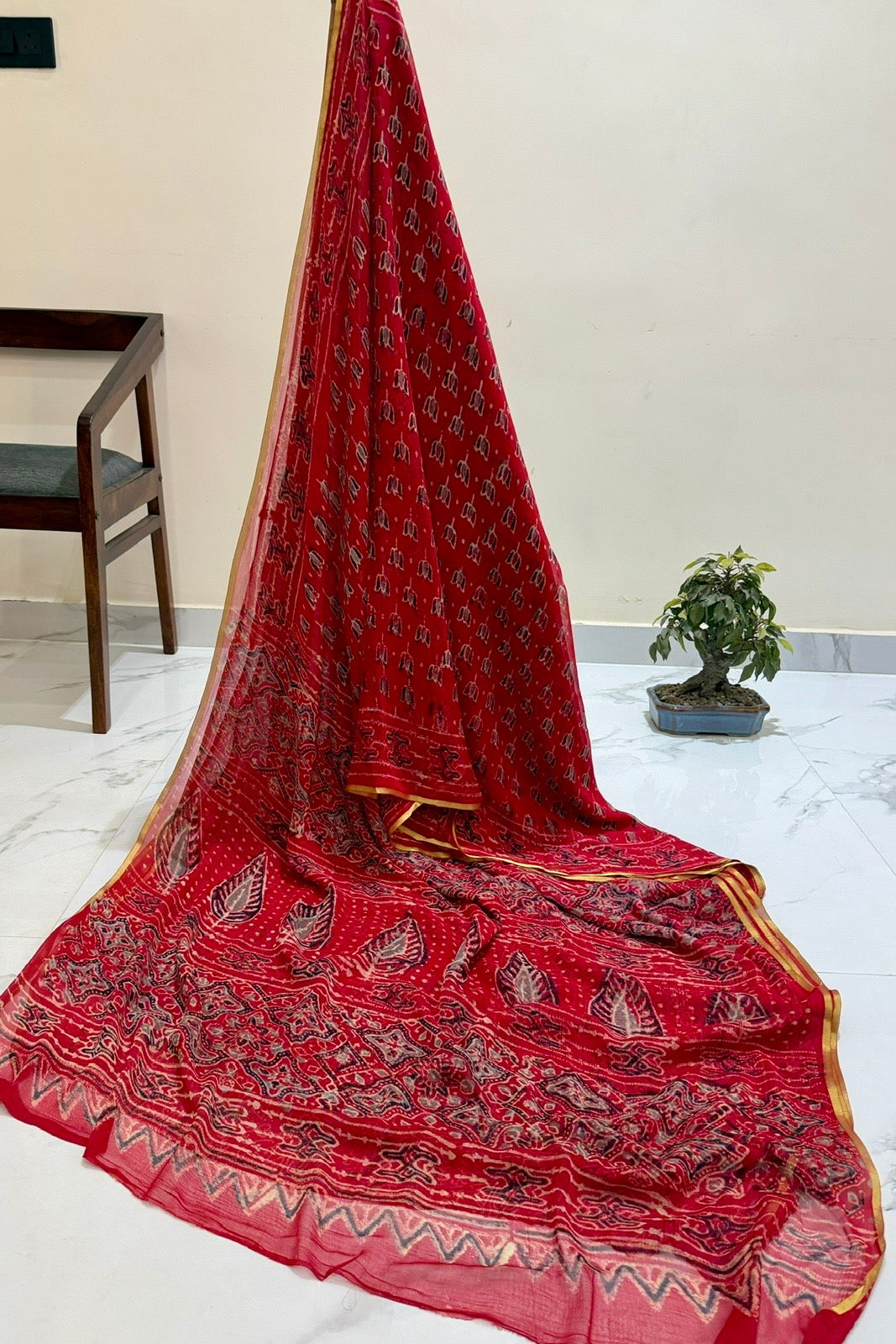 Ruby Red Mosaic Handblock Print Double Diamond Chiffon Saree